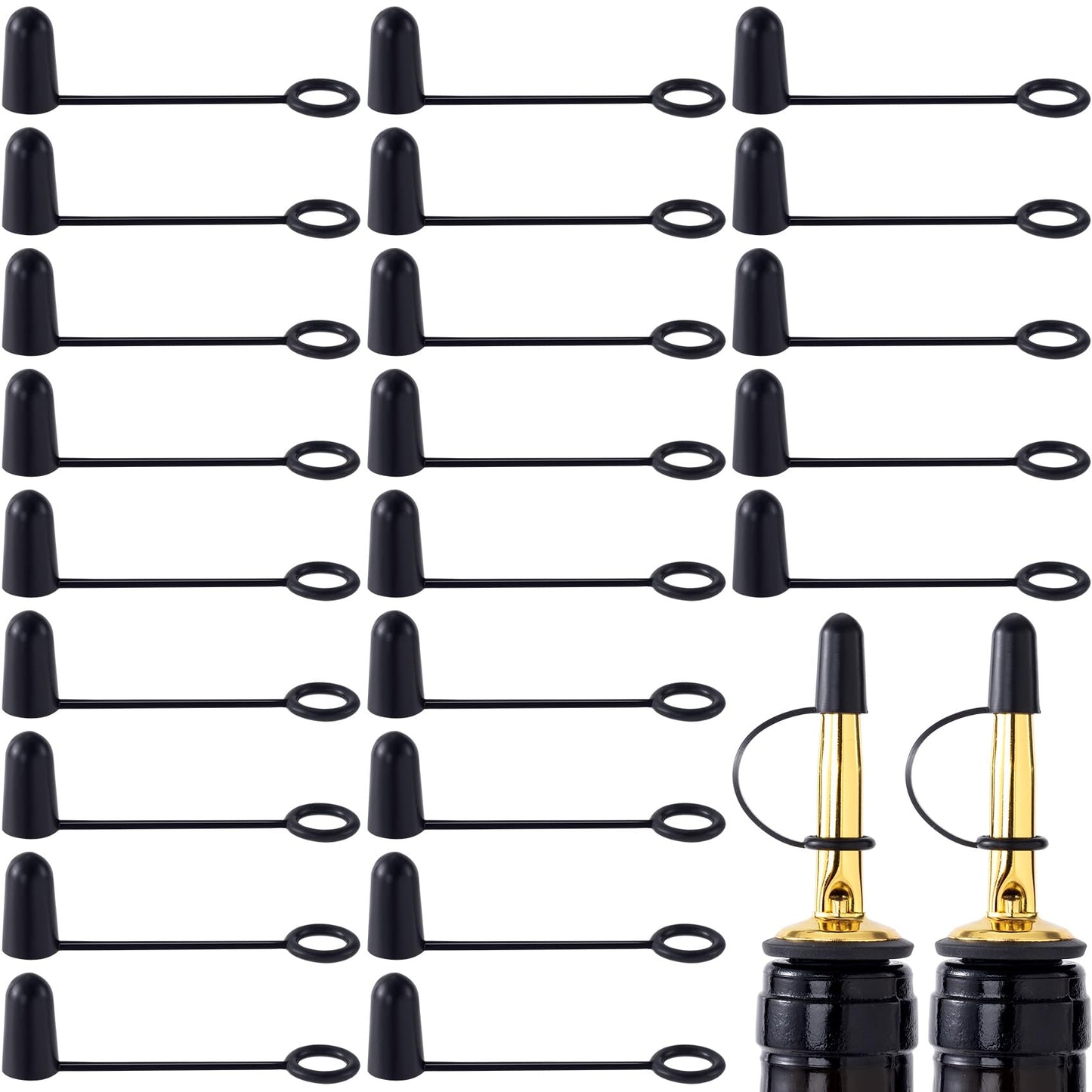 OIIKI Rubber Liquor Pour Caps, 30 Pieces Spout Pourers Covers with Loop, Black Dustproof Liquor Bottles Spouts Caps