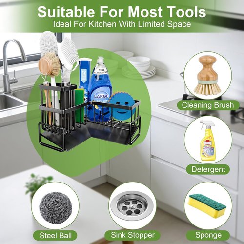Fikoksol Kitchen Sink Sponge Holder - 90-Degree L-Shaped Caddy Organizer with Brush Holder | Metal Design