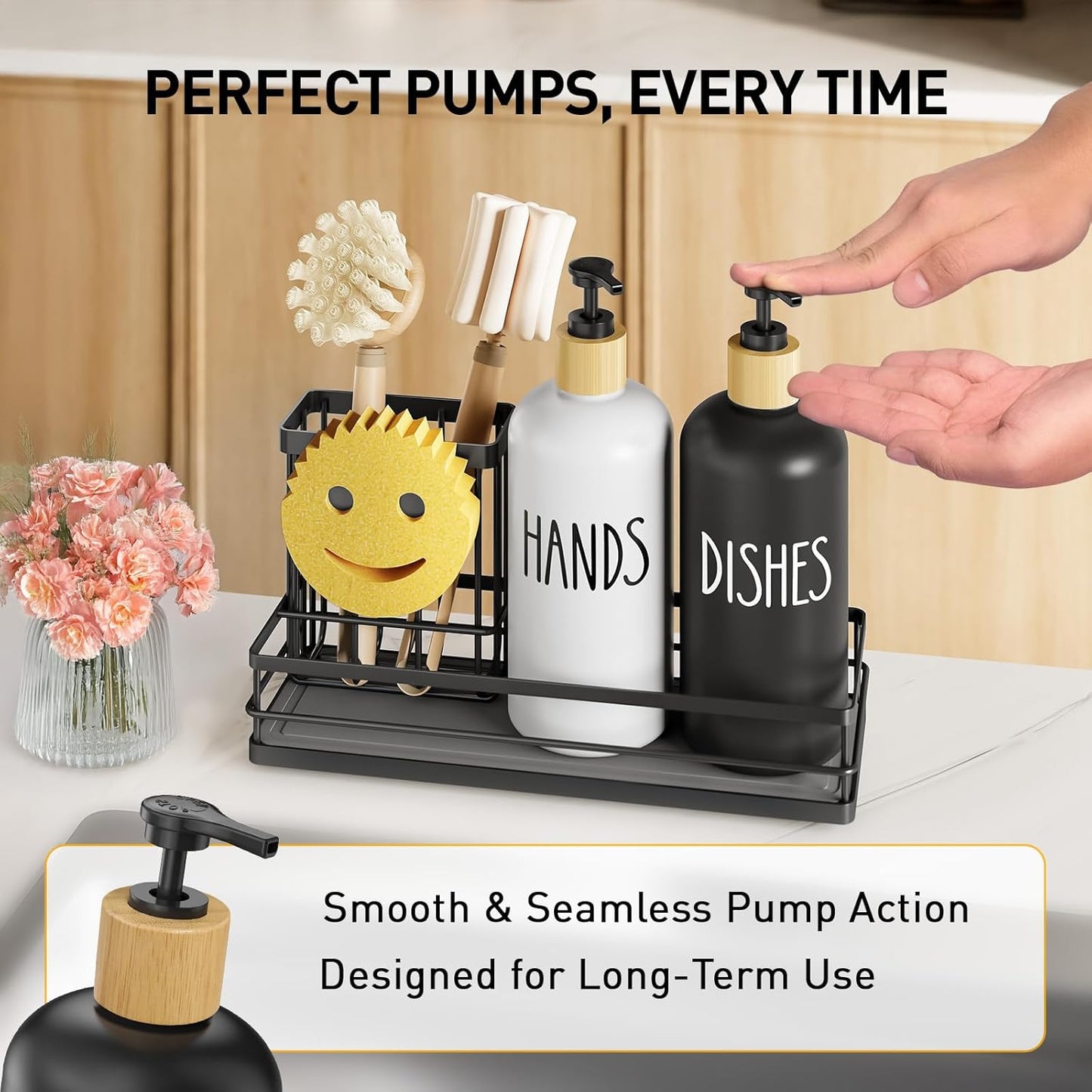 Moforoco Kitchen Dish Soap Dispenser Set - 16oz Glass Bottle with Non-Slip Silicone Pad & Brush Holder