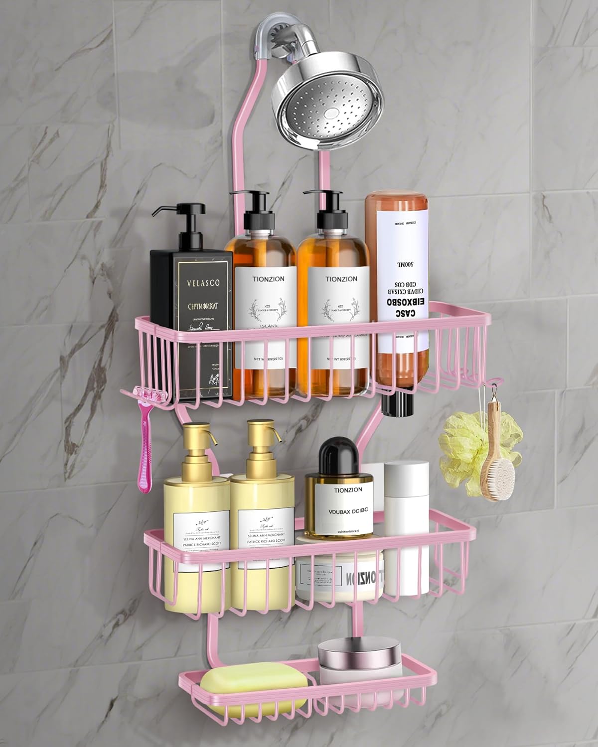 Skiennix Pink Shower Caddy - Rustproof Hanging Organizer with Soap Basket & Hooks | Large 3-Tier Design