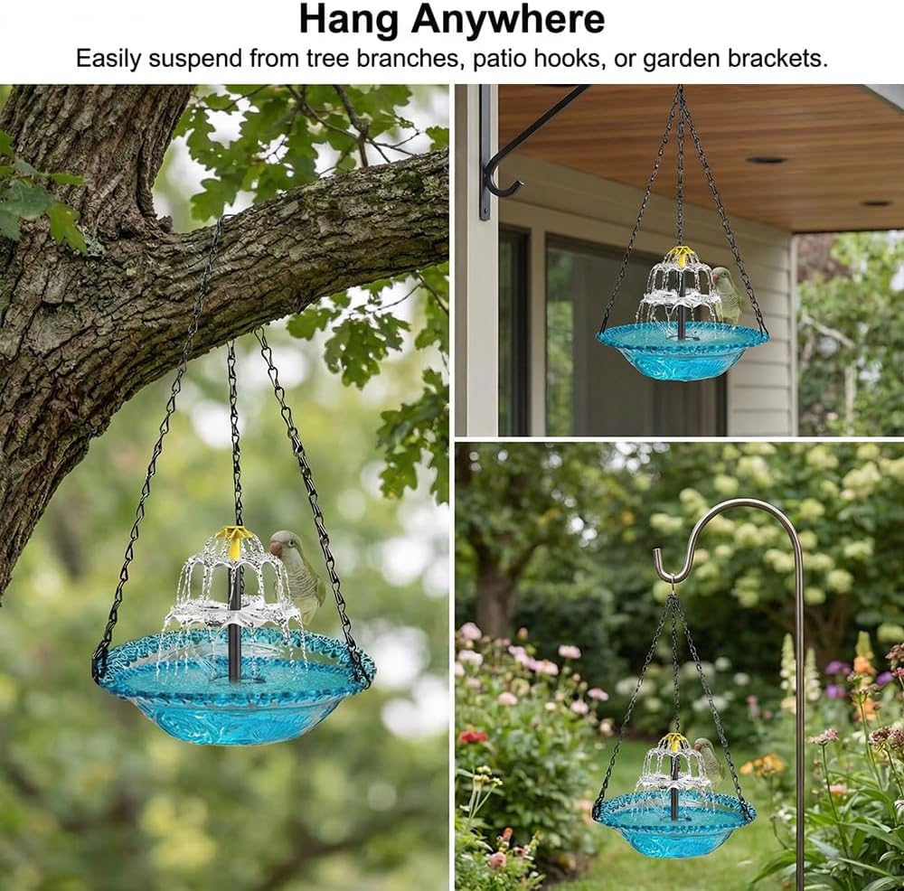Skiennix Solar Hanging Hummingbird Bath Fountain - Glass Bowl Water Feature for Garden & Patio (Blue)