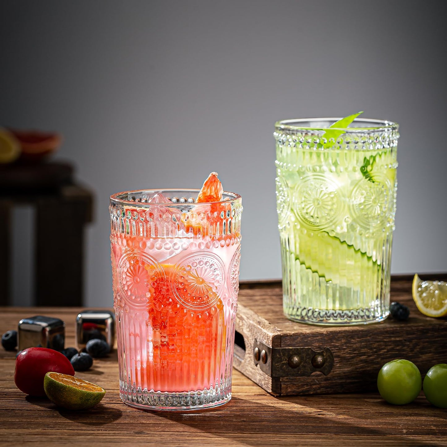 Claplante Vintage Highball Glasses, Set of 8 Glass Drinking Glasses, 13.5 oz Durable Drinkware Cups for Cocktails, Water, Juice, Beer, Wine-Special Edition Glassware Set, Dishware, Dishwasher Safe