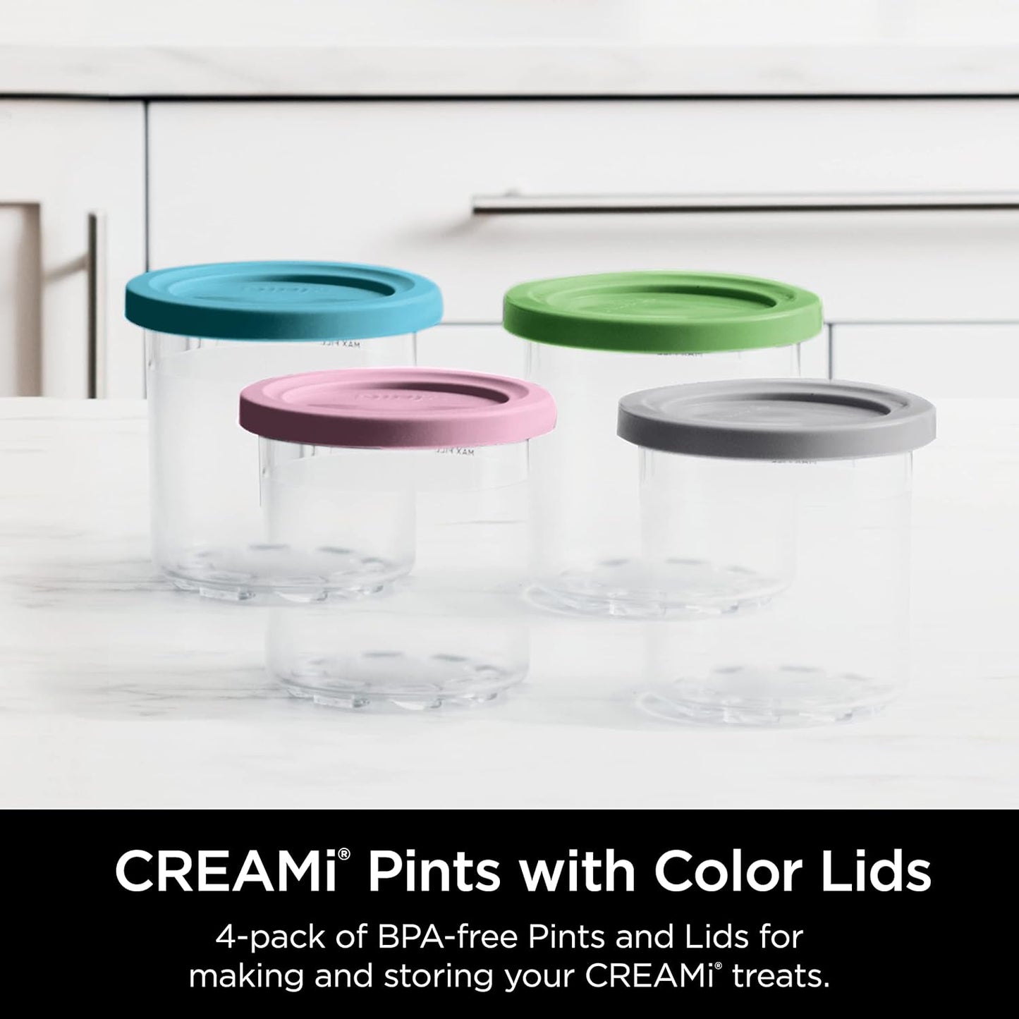 Ninja® CREAMi® Original Pints 4-Pack - BPA-Free, Dishwasher Safe, 1 Pint Each in Clear, Grey, Lime & Pink