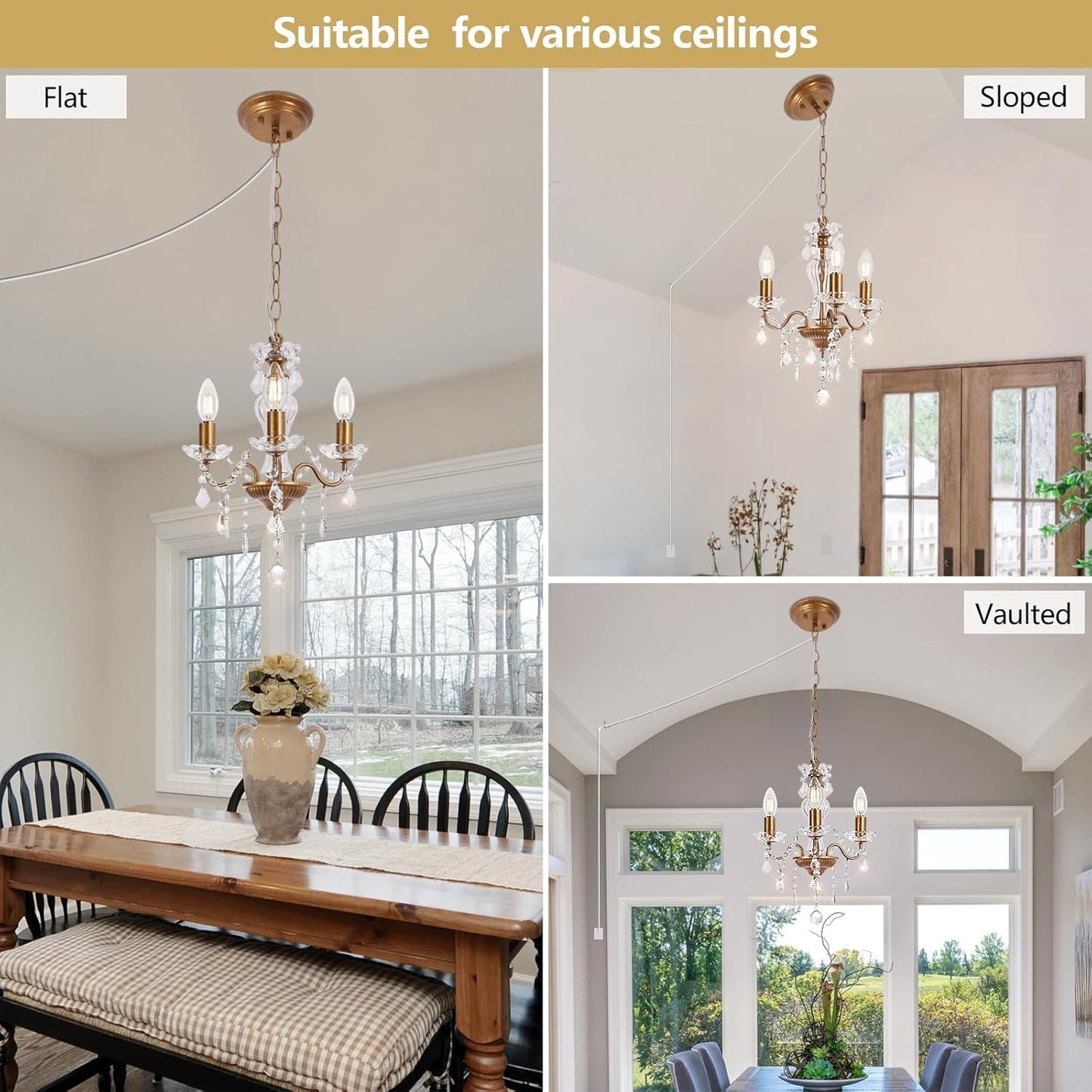 Plug in Modern 3-Light Gold Chandelier with Glass Crystals, Candle Style Pendant Light Fixtures for Living Room, Girls Room, Kitchen Island, Entryway