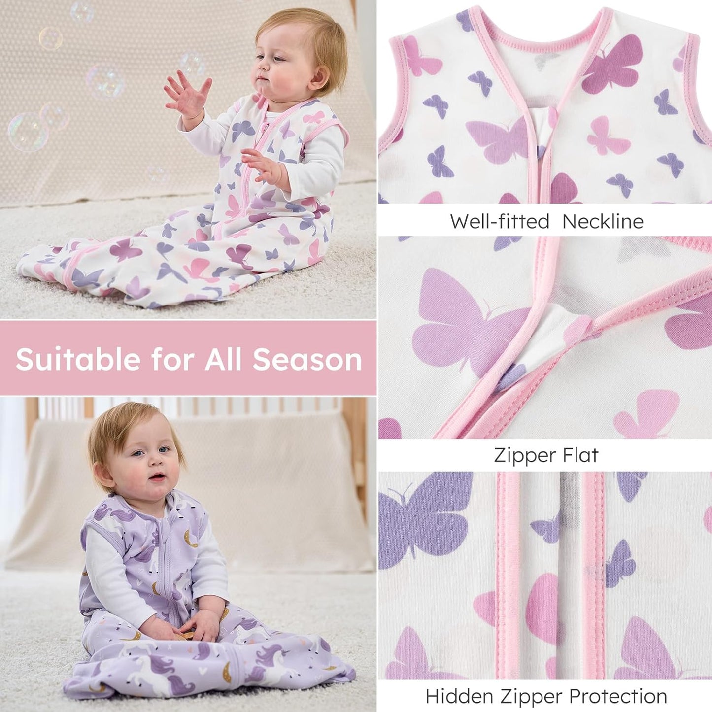 Yoofoss Baby Sleep Sack - 100% Organic Cotton Wearable Blanket | 0-6 Months, 2-Way Zipper, 3 Pack