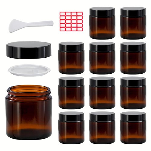 12 Pack 4 oz Amber Glass Jars with Inner Lids and Black Lids, Leakproof Round Airtight, for homemade cosmetics, salves, balms, candles, spices, essential oils, body butter, moisturizers, face masks