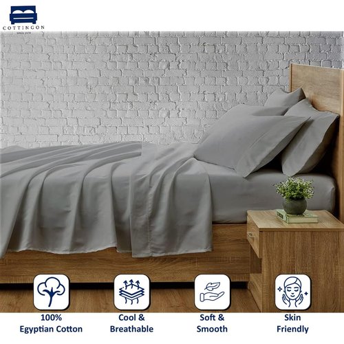 Cottingon, Premium 100% Egyptian Cotton 4 PC Sheet Set 15" Deep, Light Grey-Olympic Queen