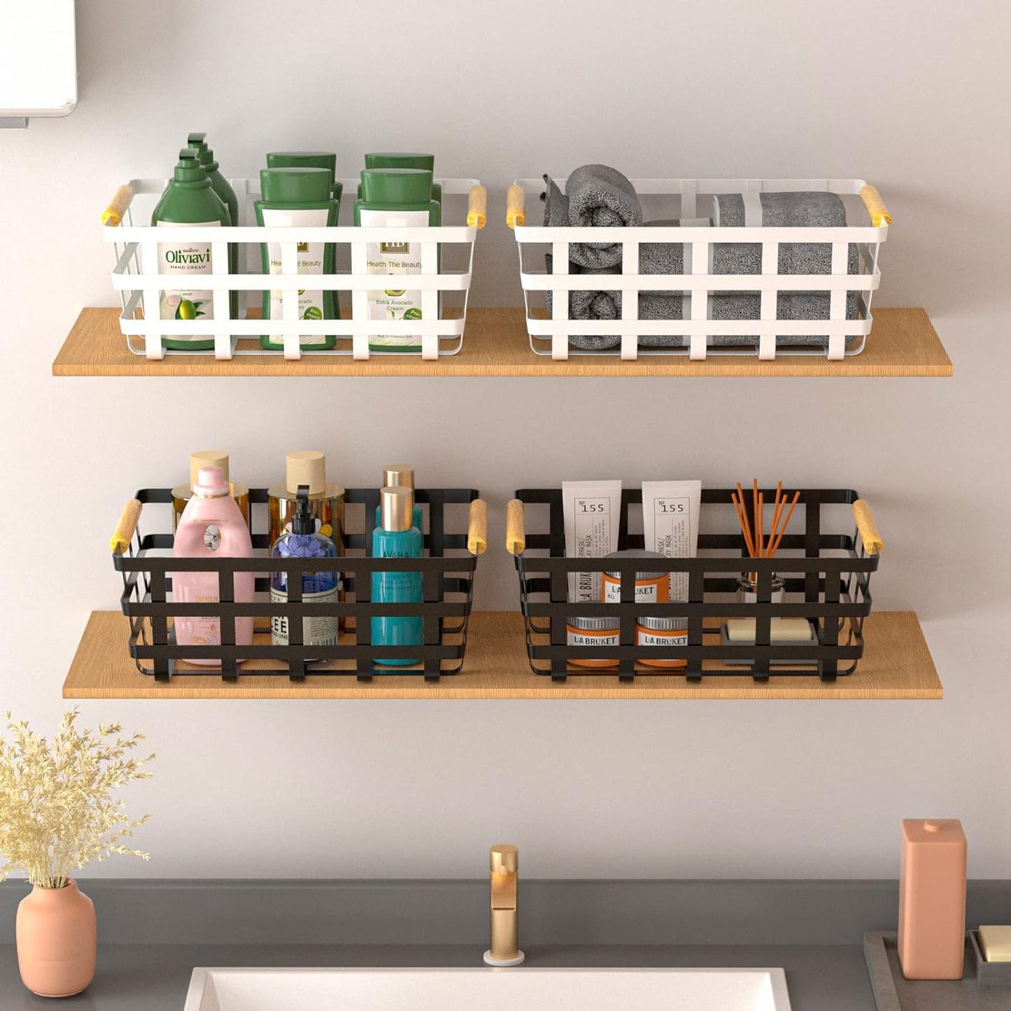 4 Pack Large Metal Storage Baskets, Farmhouse Baskets, Pantry Organizer Baskets with Wood Handle, Metal Baskets Bins for Kitchen Pantry Shelf Cabinets, White