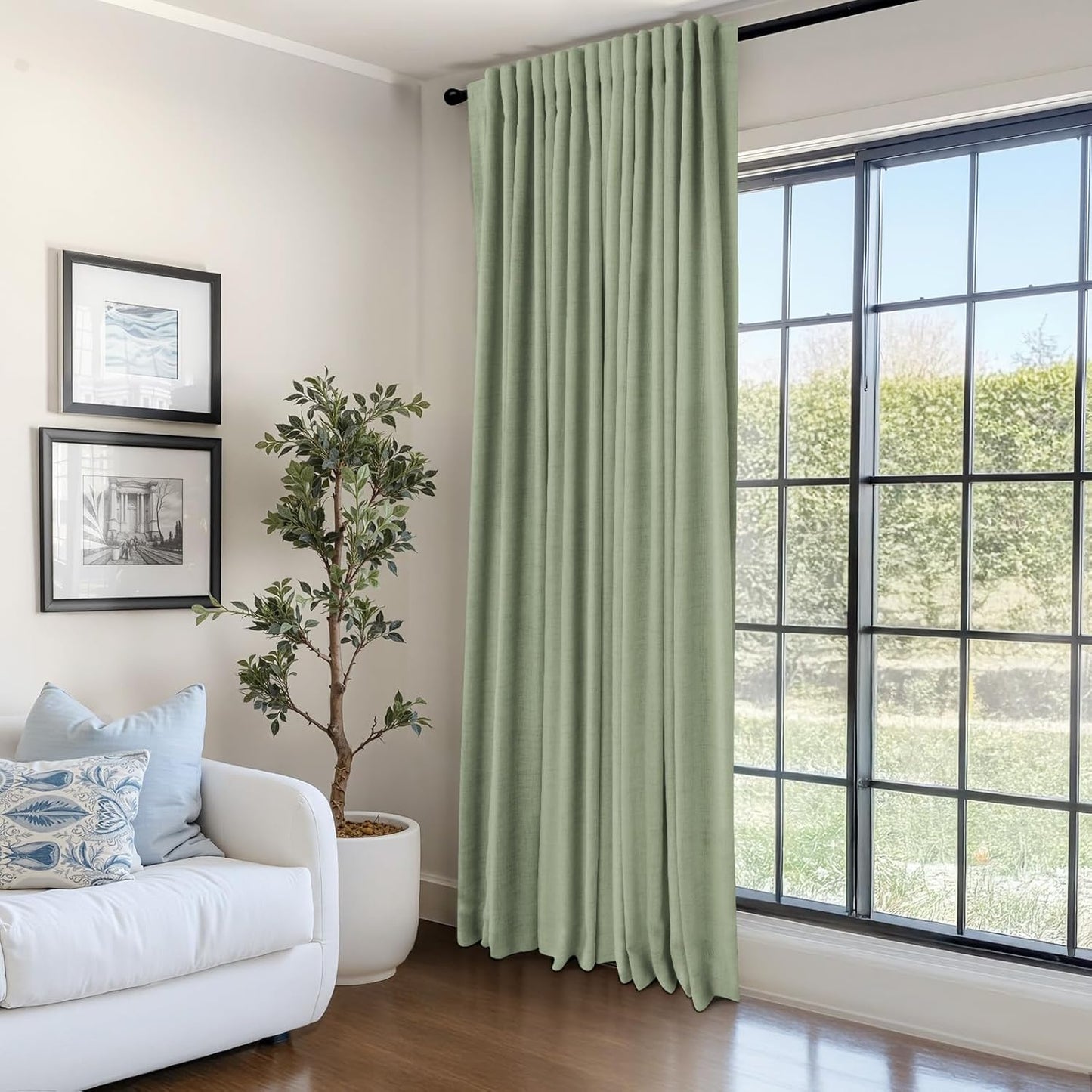 Skiennix 100% Blackout Linen Curtains - Thermal Insulated Drapes for Bedroom | 96" Long, Sage