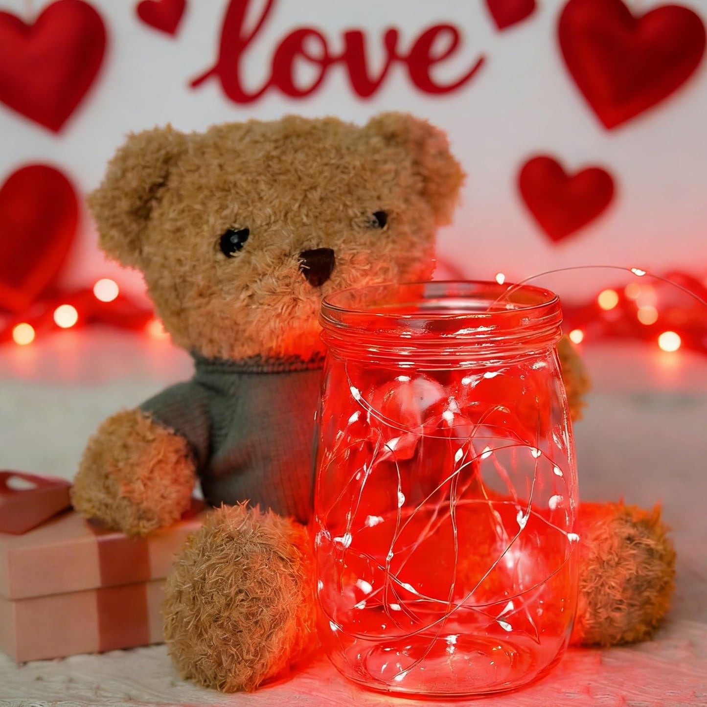 LAMPHOME 6 Pack Red Valentine's Fairy Lights Battery Operated (Included), 7 ft 20 LED Mini String Lights, Waterproof Silver Wire Firefly Starry Light for DIY Wedding Party Mason Jars Decor