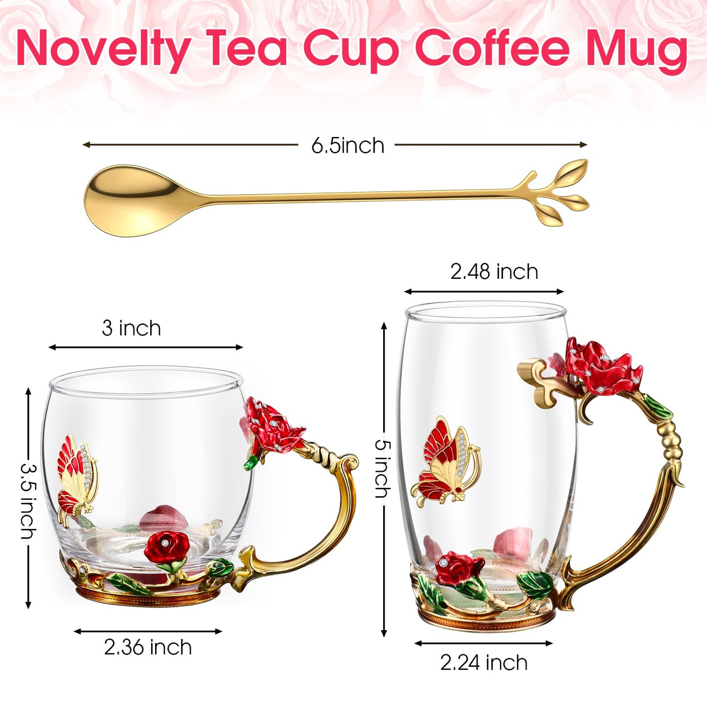 Mimorou 4 Pcs Butterfly Glass Tea Cups Sets for Mother's Day Tea Cup with Spoon Glass Mugs Flower Cup for Mother Gifts Women Clear Rose Coffee Cups Birthday Gifts Female Friend