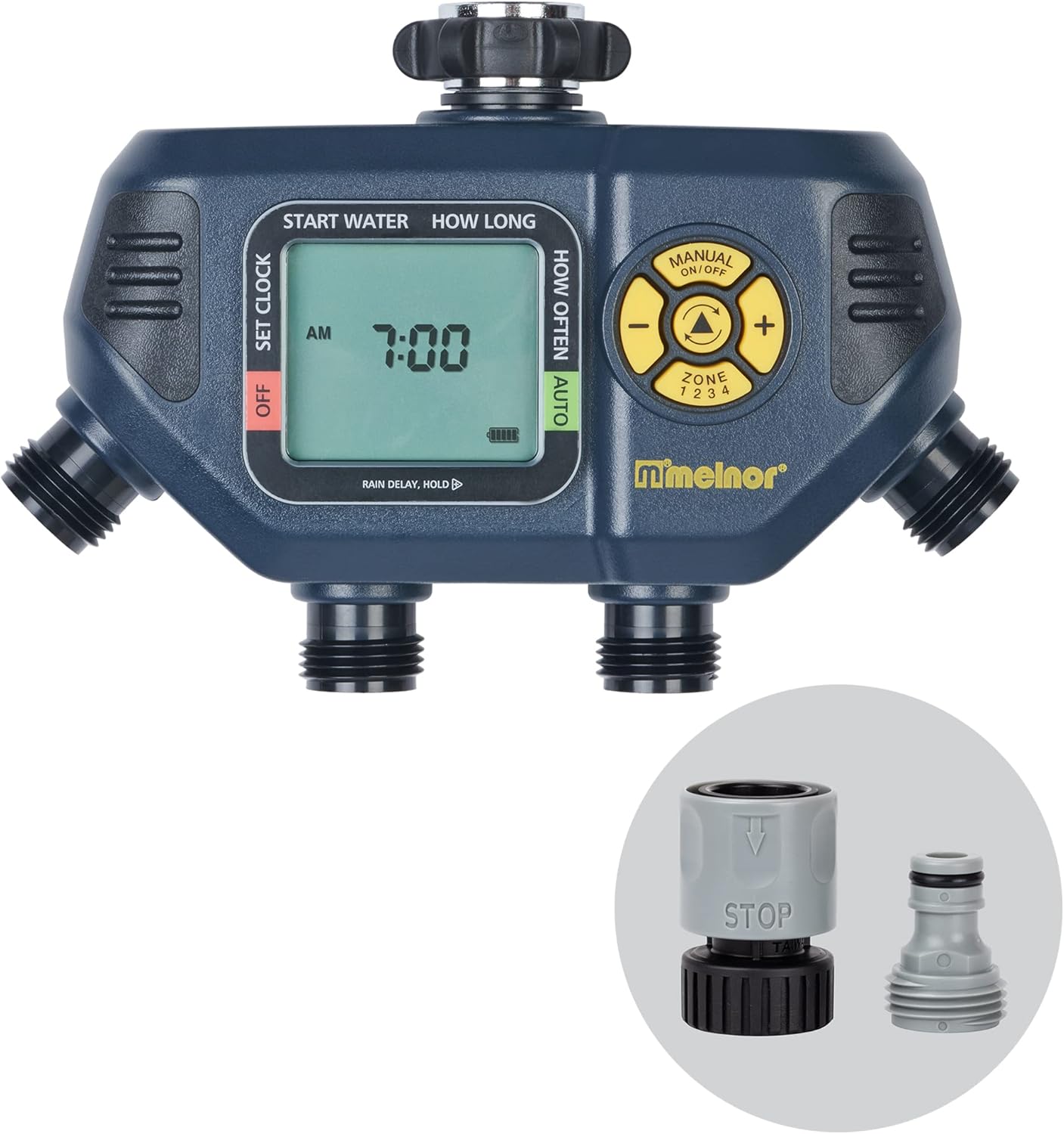 Melnor 4 Zone Digital Timer - Programmable Watering System for Efficient Garden Care | Black & Yellow
