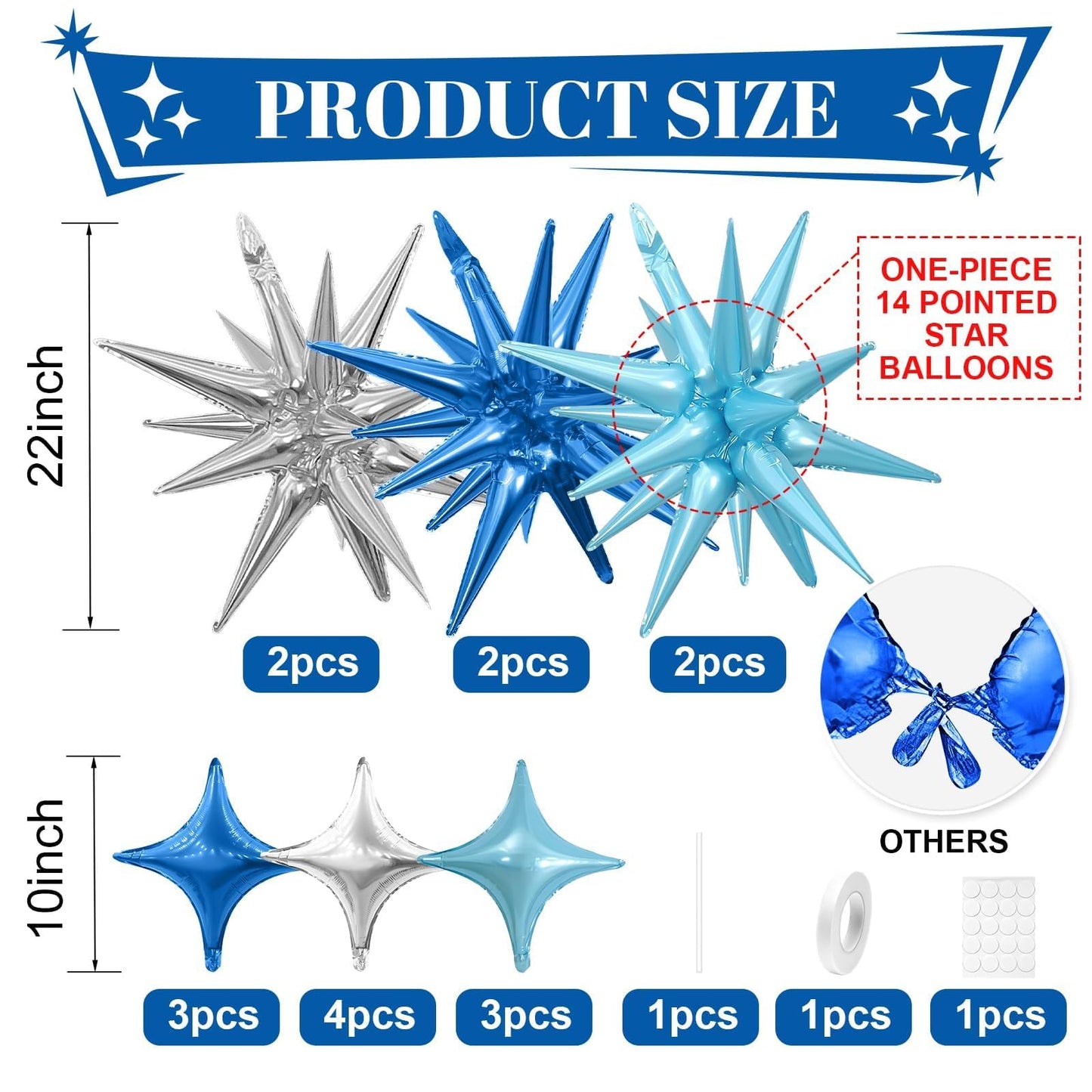 Blue Silver Star Balloons Kit with 6pcs 22in Cone Foil Balloons and 10pcs 10in Four Pointed Star Balloons for Birthday Anniversary Disco Party Decorations