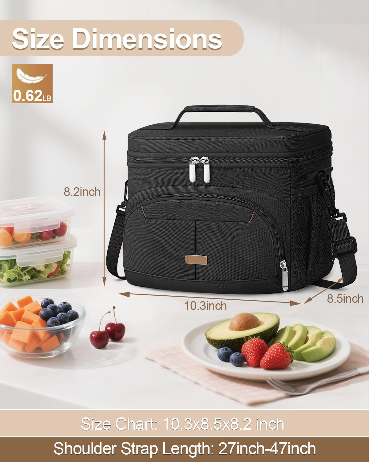 Pritent Insulated Lunch Box - Leakproof Cooler Bag with Removable Strap for Work & Travel | Black, 12L