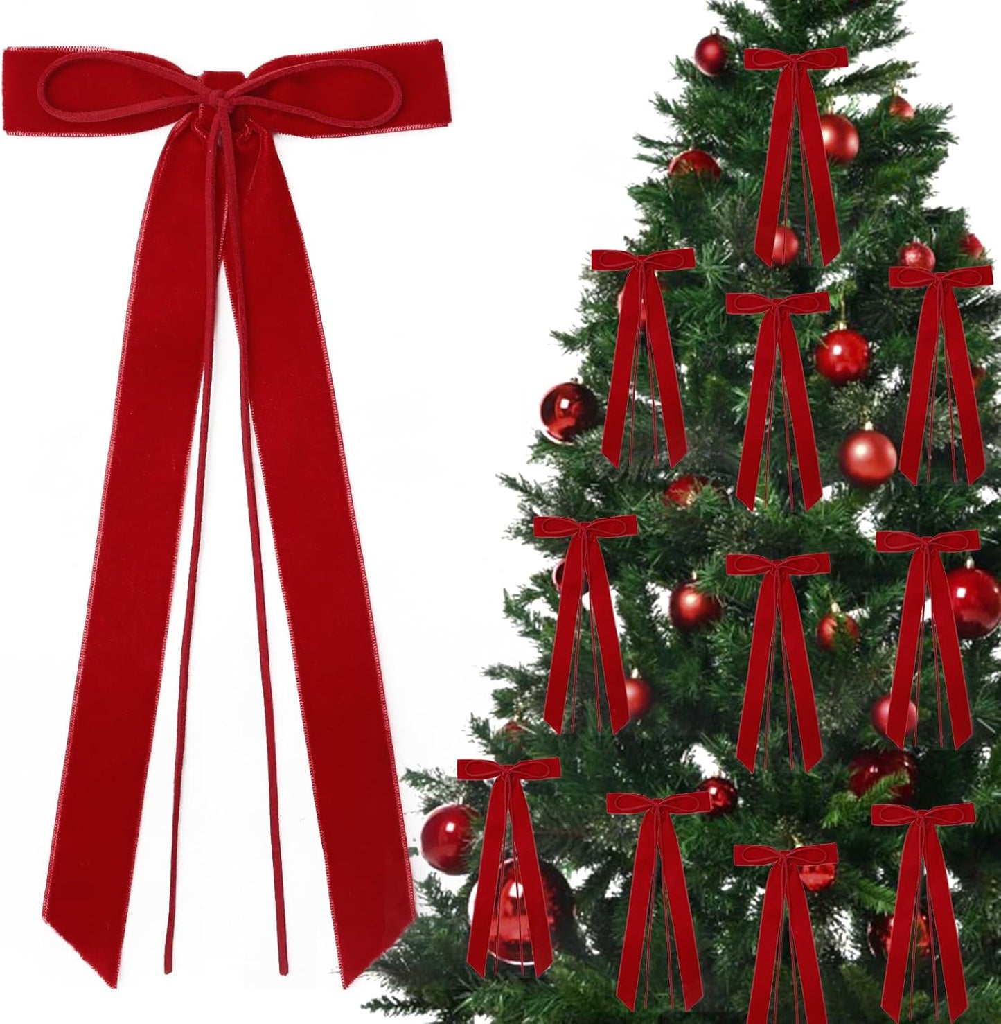 Regine Switzerland 12Pcs Red Velvet Ribbon Bows - 5in x 10in Xmas Tree Ornaments | Holiday Decor
