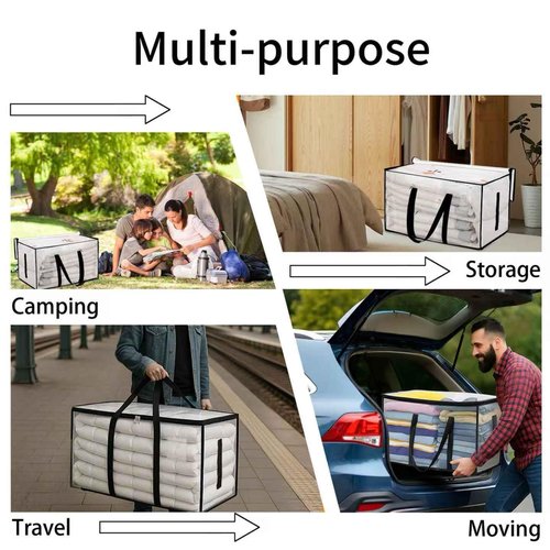 6 Pack-Extra Large Heavy Duty Moving Bags - Waterproof Storage Totes with Handles & Zippers, Foldable for College Dorm, Storage (Clear)