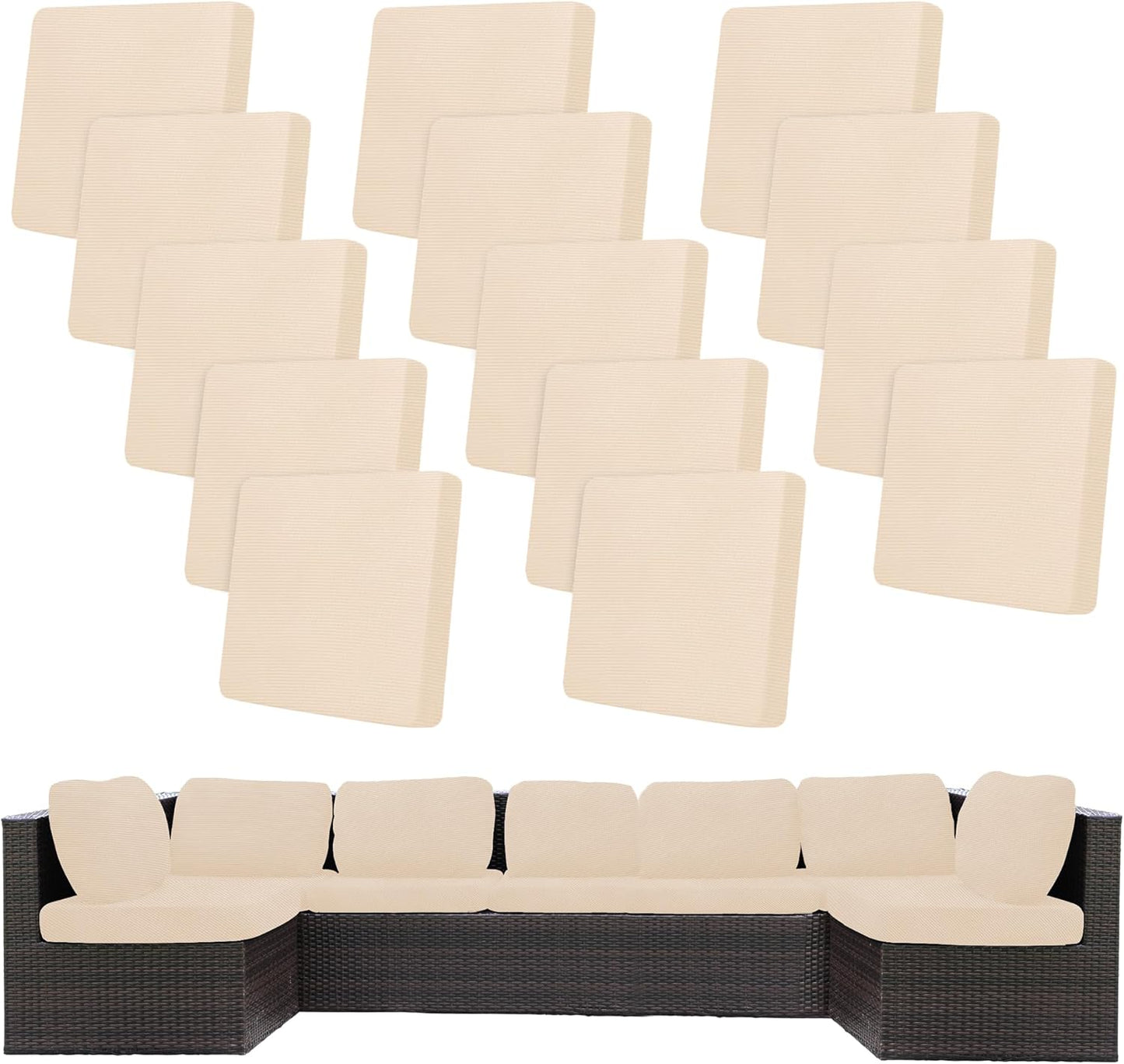 Skiennix 14-Piece Stretch Patio Cushion Covers - Washable Outdoor Sofa Slipcovers | Beige