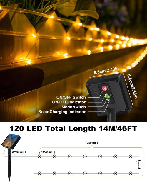 Btfarm Solar Rope Lights - 120 LED 46FT Waterproof Outdoor String Lights | 8 Lighting Modes for Garden, Patio, Wedding Decor - Warm White