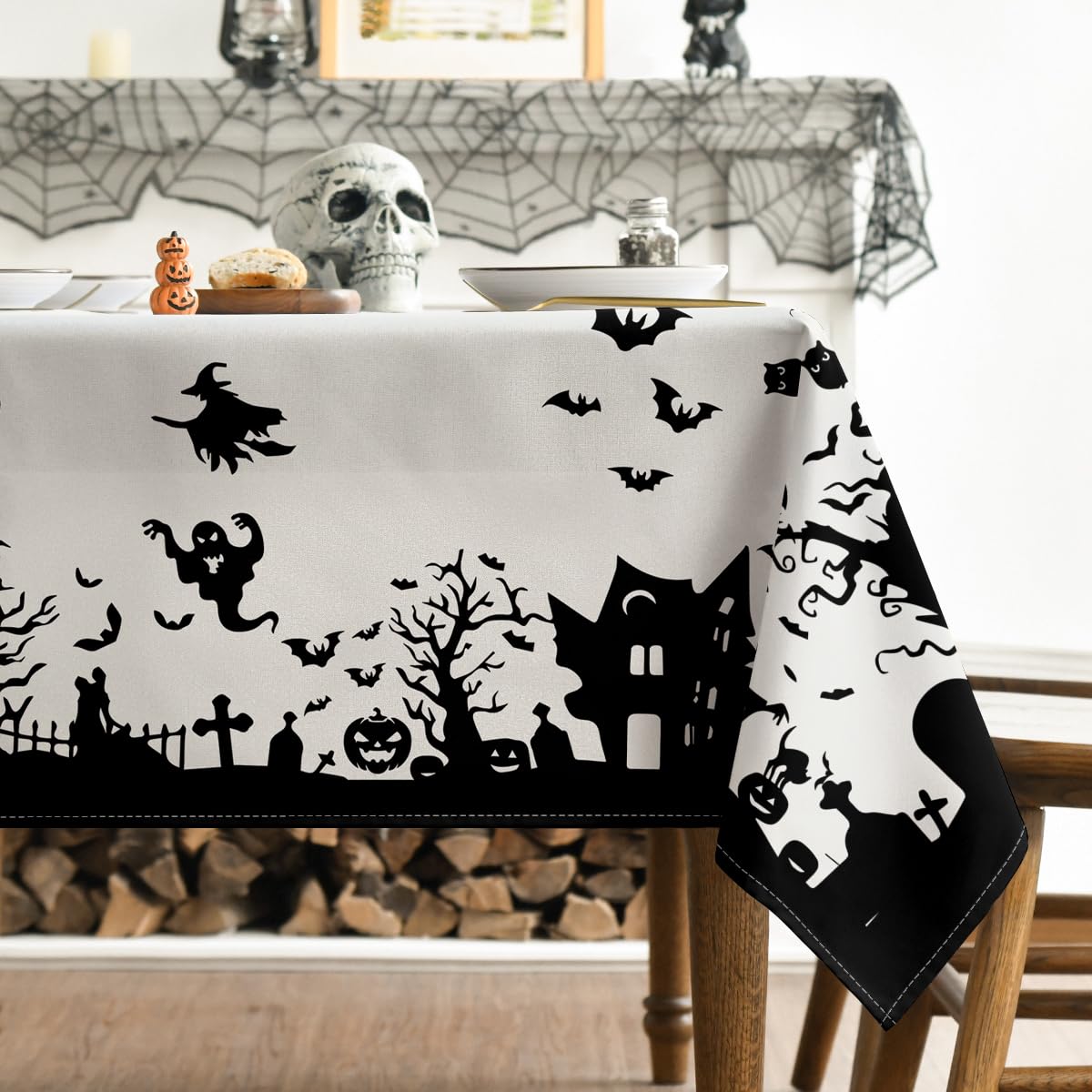 Horaldaily Halloween Tablecloth 52×70 Inch Rectangular, Castle Tree Scary Themed Washable Table Cover for Party Picnic Dinner Decor