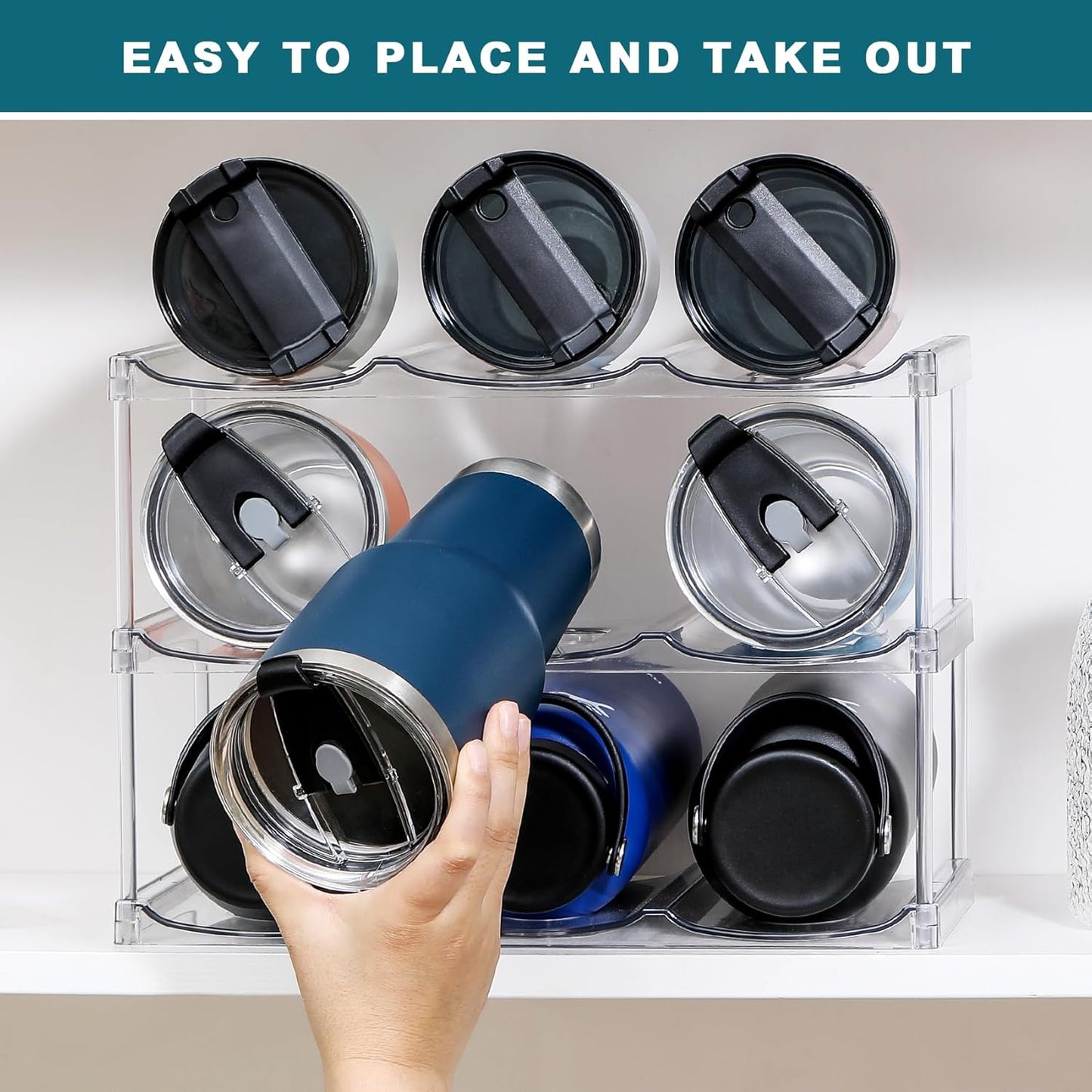 Skiennix Stackable Water Bottle Organizer - Large Compartment for Stanley Tumblers - Clear 3-Tier Holder for Cabinets & Countertops