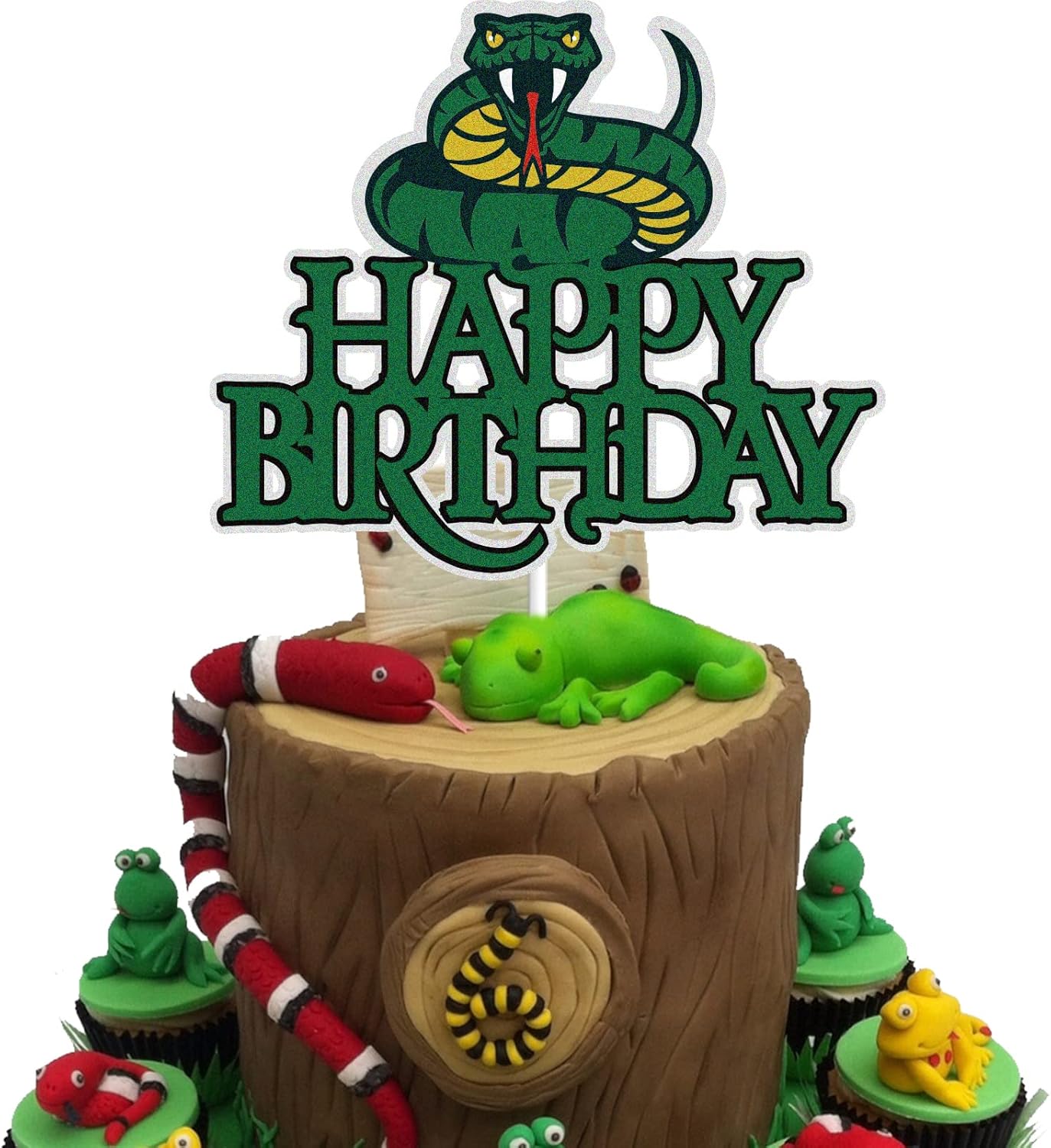Snake Birthday Cake Topper - Green Glitter Jungle Animal Theme Decoration for Kids & Adults