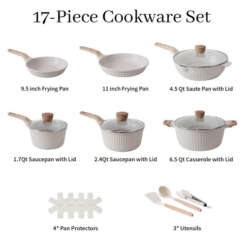 Cuisinluv Pots and Pans Set Non Stick, 17Pcs Kitchen Cookware Sets, Granite Stone Induction Cookware Non Stick Cooking Set w/Frying Pans, Saucepans, Sauté Pan (PFOA Free), Cream White