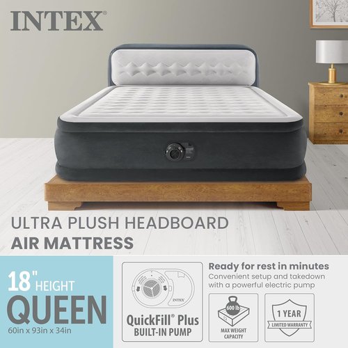 Intex Queen Size Air Mattress - 18in Height Inflatable Bed with Built-in Pump & Headboard | Dura-Beam Deluxe