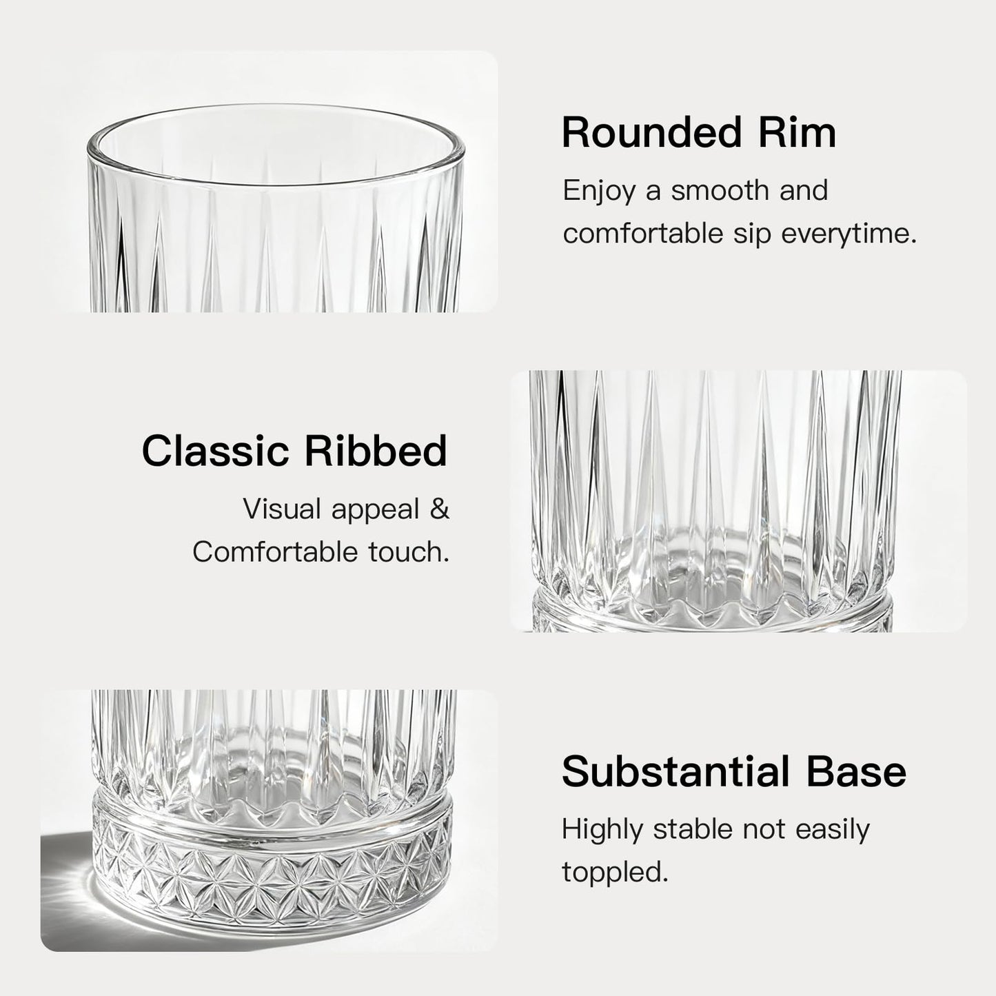 Ruckae Drinking Glasses Set of 8,15 oz and 7 oz Kitchen Water Glass Cups Set,Clear Ribbed Glassware Dishwasher Safe,Mixed Drinkware for Beer,Juice,Cocktail,Whiskey,Milk and Various Mixed Drinks