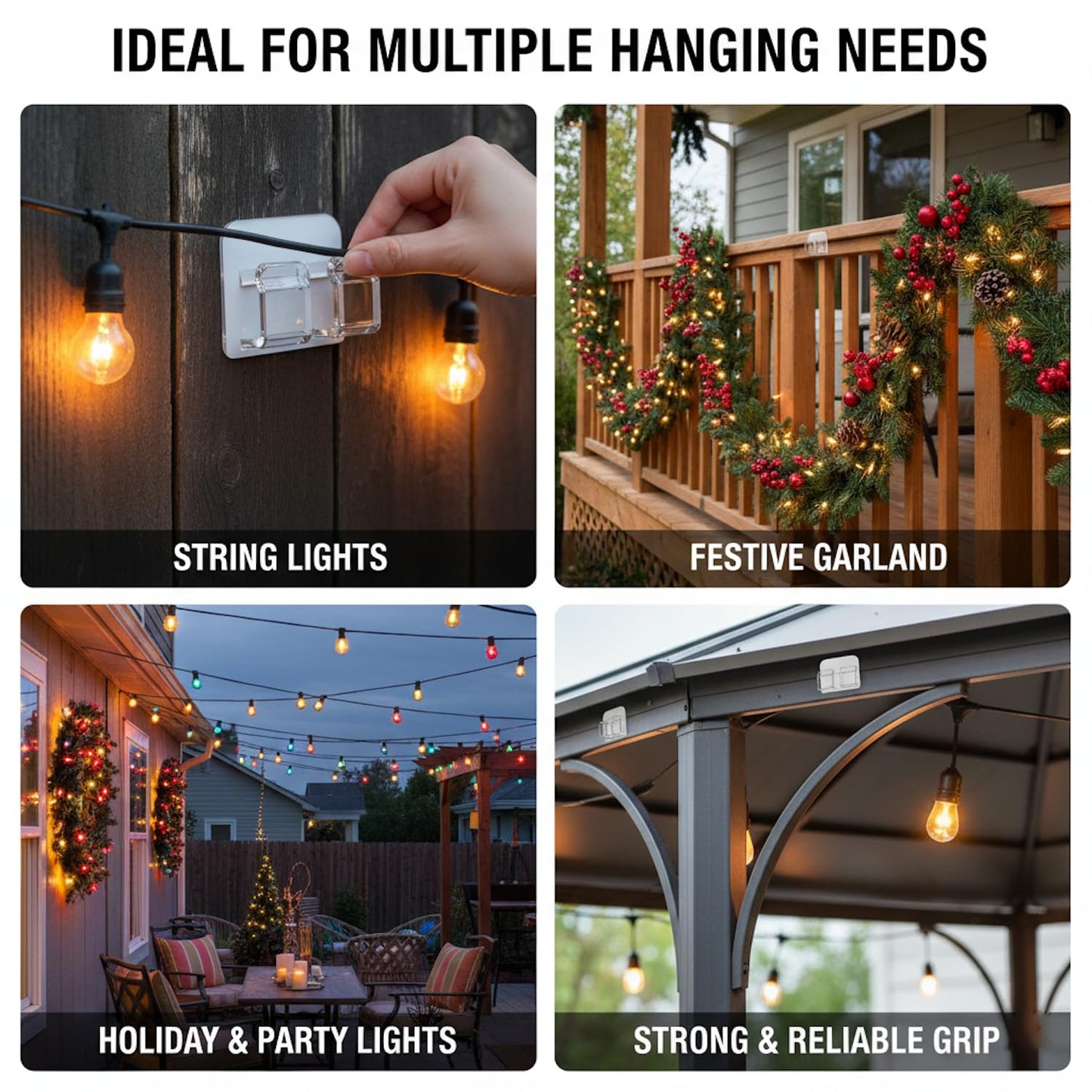 AFFAVON 40 Pack Large Outdoor String Light Hooks - Reusable & Waterproof Adhesive Clips for Patio & Garden - Damage-Free, Clear Wire Holders for Christmas Garland, Decoration & Cable Management