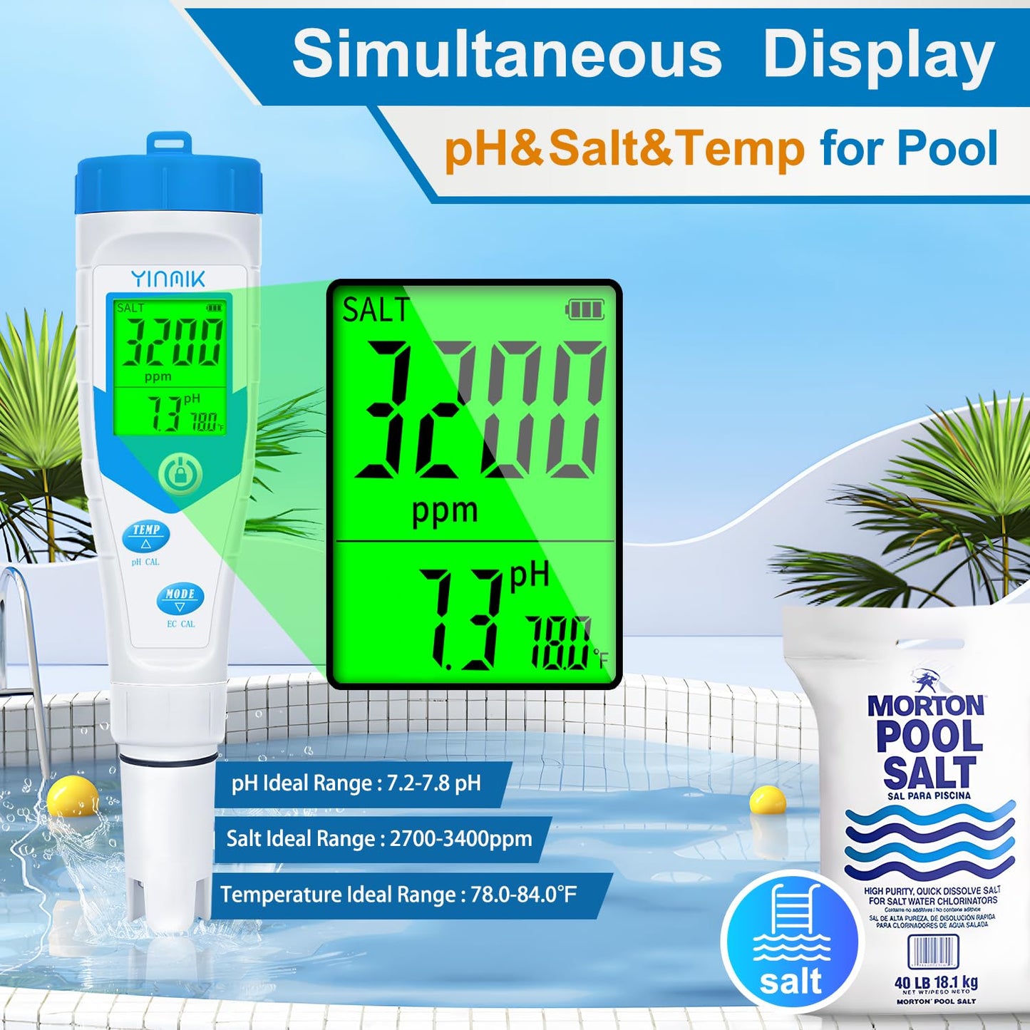 YINMIK pH Meter, Salt Tester Pool, Electronic pH Meter for Hydroponic，pH TDS EC for Water, 5 in 1 EC Temp Salt TDS pH Tester for Saltwater Pool,Hot Tubs,Home Brewing,Aquarium, Hydroponics