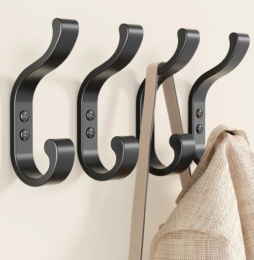 bussdis Coat Hooks Wall Mount for Hanging, Heavy Duty Backpack Hooks for Wall, Hold up to 30 lbs, Large Hanger Hooks for Towels, Purses, Clothes, Mudroom, Bathroom, Door, Black, 4 Pack