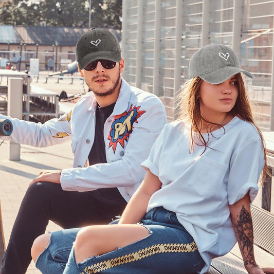 ANLIOTO 2 Pack Heart Baseball Caps for Women Men, Cute Adjustable Washed Sun Hats for Outdoor Running Golf Black Grey