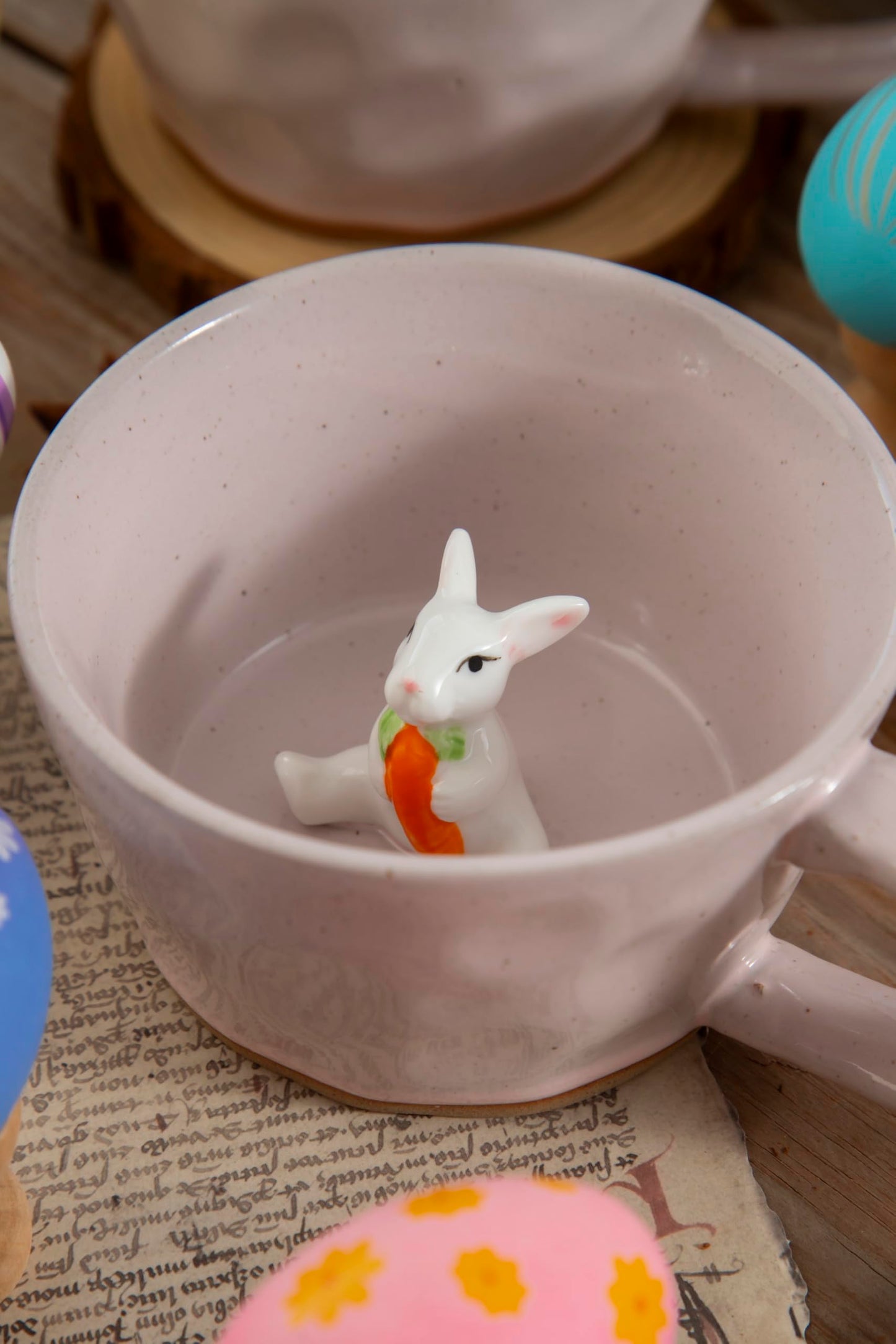 DIHOclub Farmhouse Ceramic Coffee Mug with Rabbit Figurine – Rustic Stoneware Cup, Matte Finish, Ideal for Breakfast & Home Decor (Pink Rabbit)
