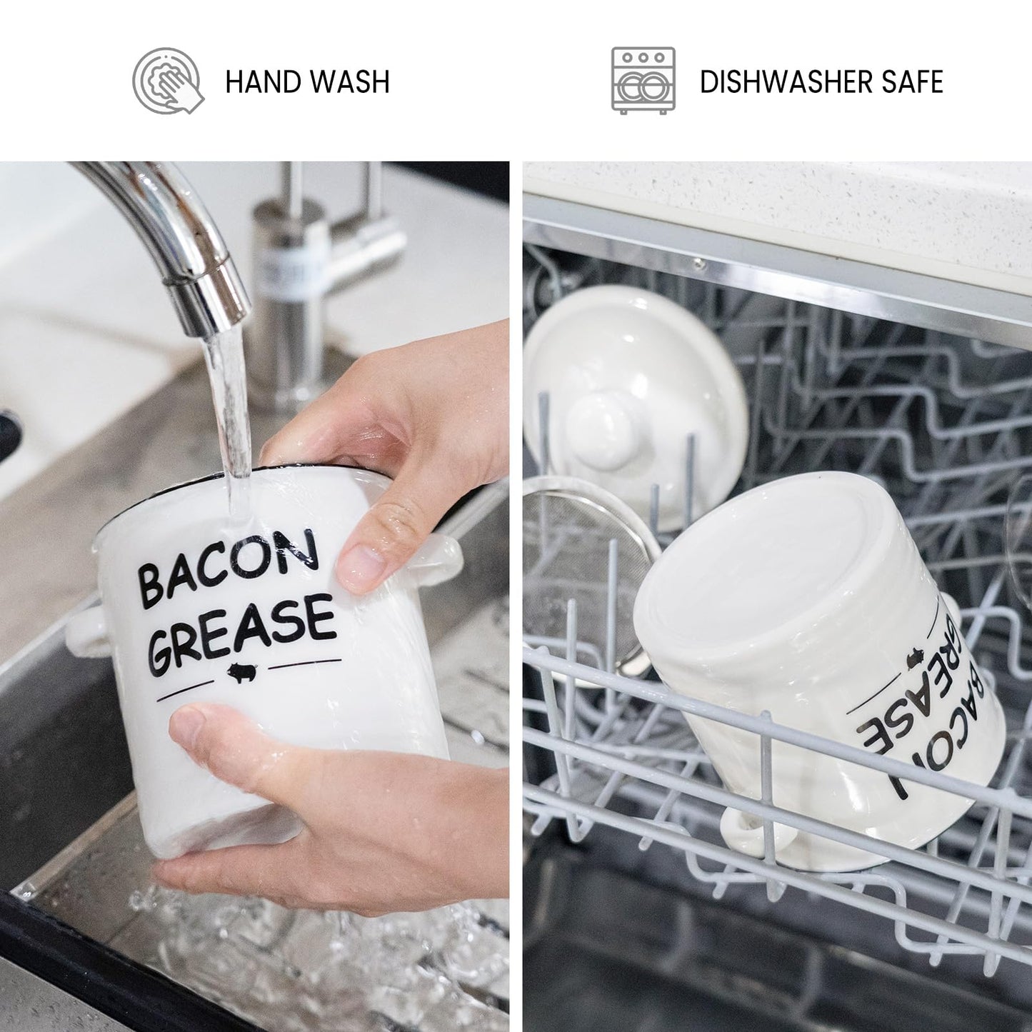 SOLIGT Ceramic Bacon Grease Container with Strainer - 600ml / 20oz Farmhouse Bacon Grease Keeper with Easy-Grip Handle, Bacon Fat Can for Grease Drippings and Storage - Creamy-white