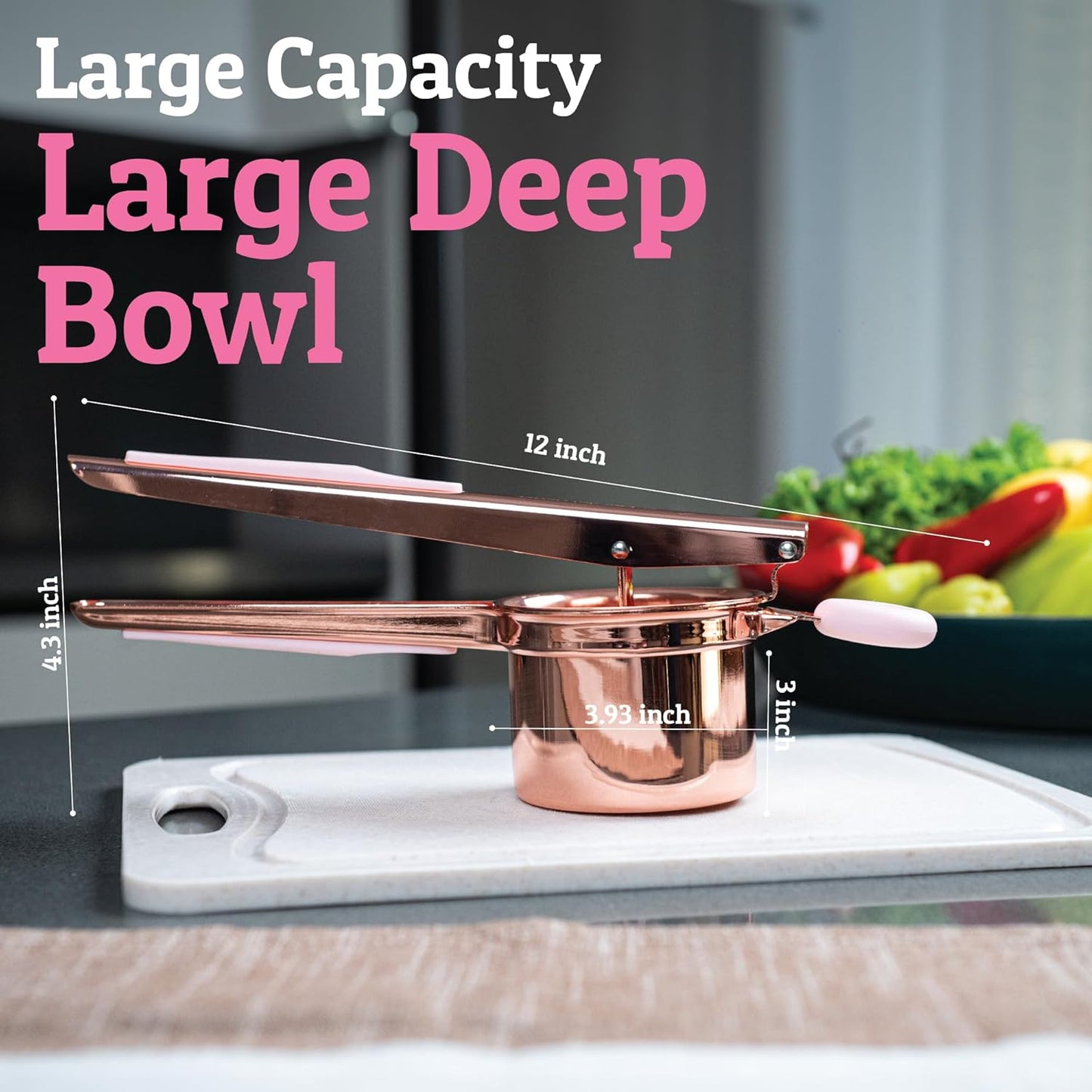 PriorityChef 15oz Potato Ricer - Heavy Duty Stainless Steel Masher for Perfect Mashed Potatoes | Rose Gold & Pink