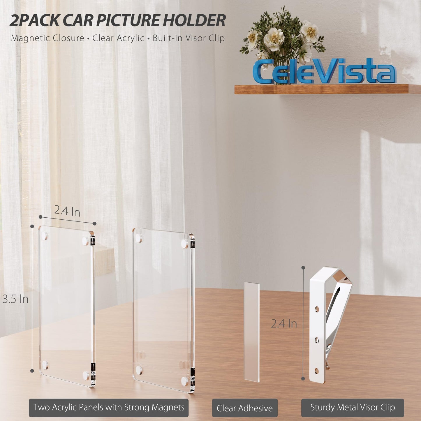 CeleVista 2Pcs Car Picture Holder, Acrylic Magnetic Car Visor Photo Clip, Personalized Car Photo Holder Picture Frame for Adding Family or Personal Photos, Car Accessories Gift