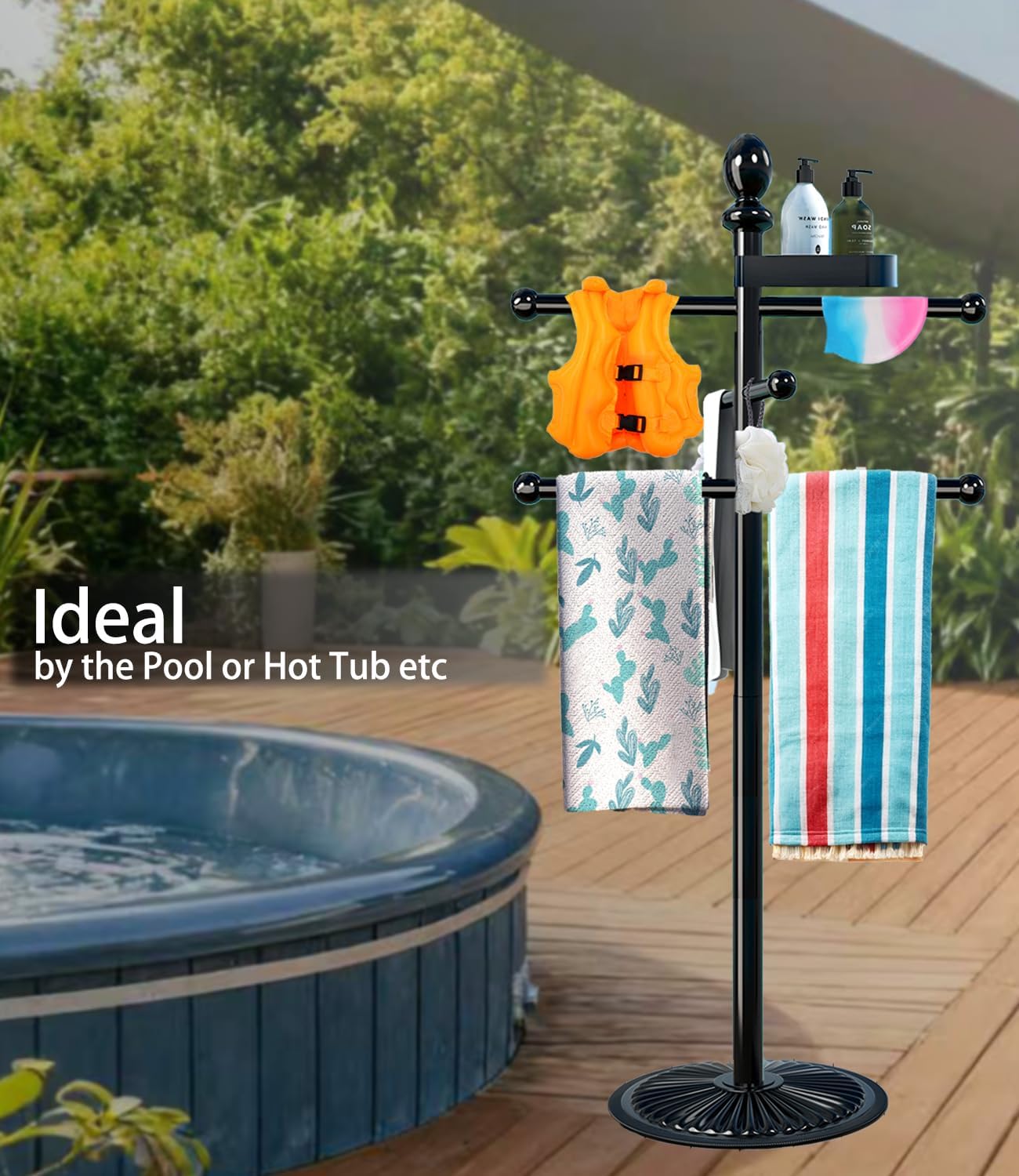 Skiennix Heavy-Duty Pool Towel Rack - 6 Bars with Top Tray | Durable Metal Stand for Hot Tubs & Pools