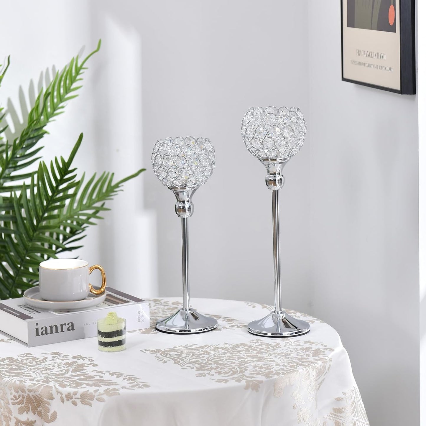 VINCIGANT Silver Crystal Votive Candle Holders Set of 2 – Elegant Tealight Stands for Weddings & Home Decor