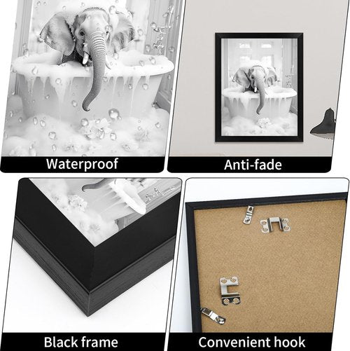 Animal Bathroom Wall Art - Funny Black and White Elephant Framed Poster | 10" L x 8" W