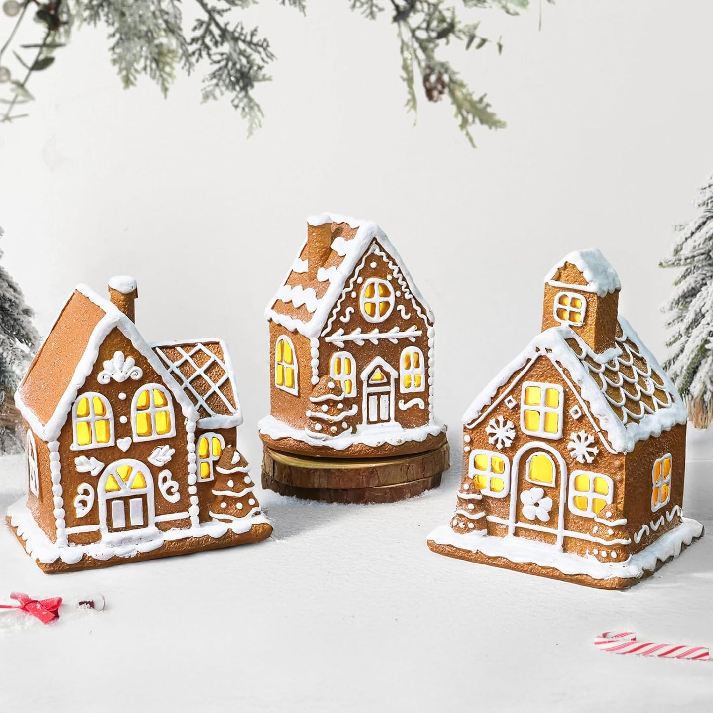 Skiennix Light-Up Gingerbread House Christmas Decorations | 3-Piece Collectible Figurines with LED Lights