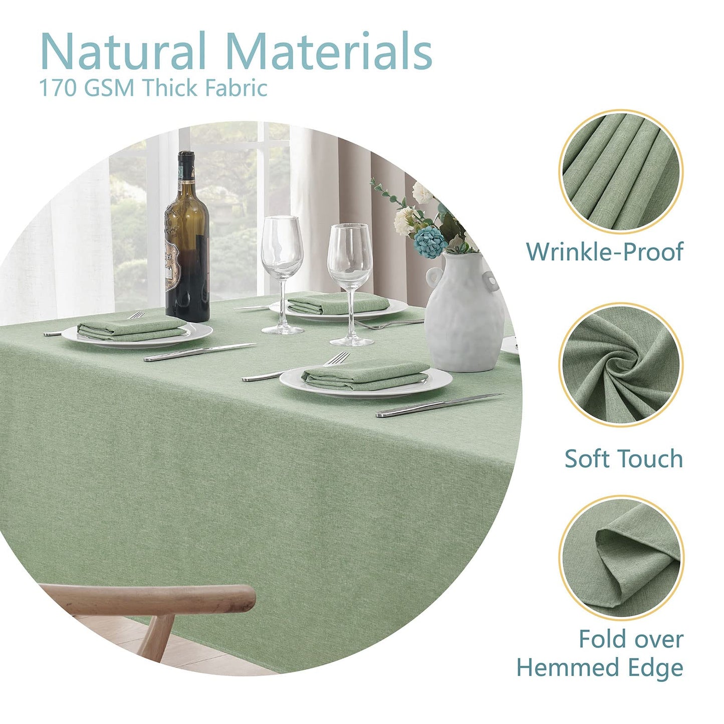 Veblandy 2 Pack Rectangle Tablecloth, 60x104 inch, Water Resistant Wrinkle Free Linen Textured Table Cloth Washable, Decorative Fabric Table Cover for Dining, Party and Camping, Sage Green