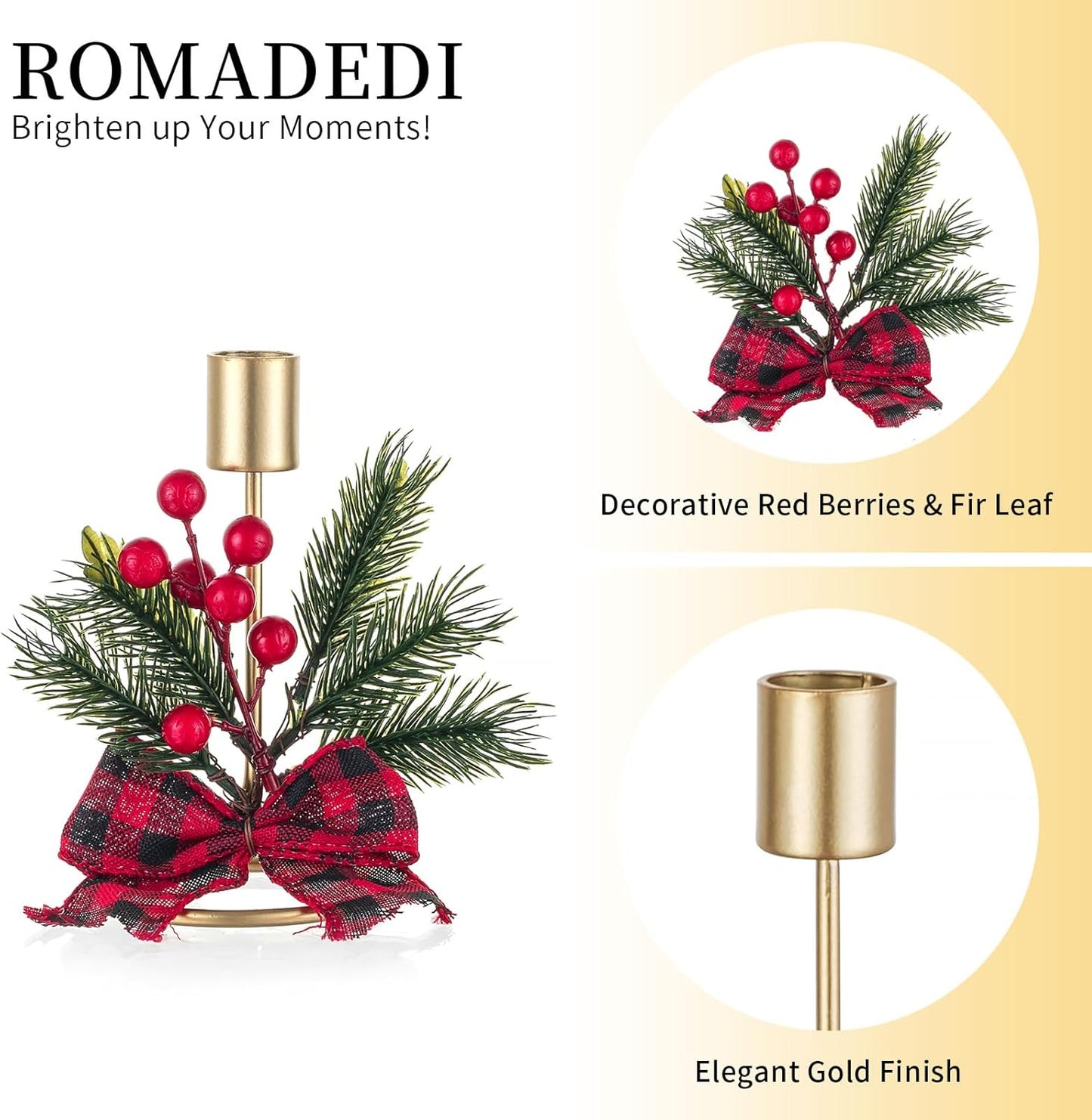 Romadedi Candle Holders - Gold Taper Candlestick Holders with Red Berry Decoration | Set of 2 for Festive Christmas Decor