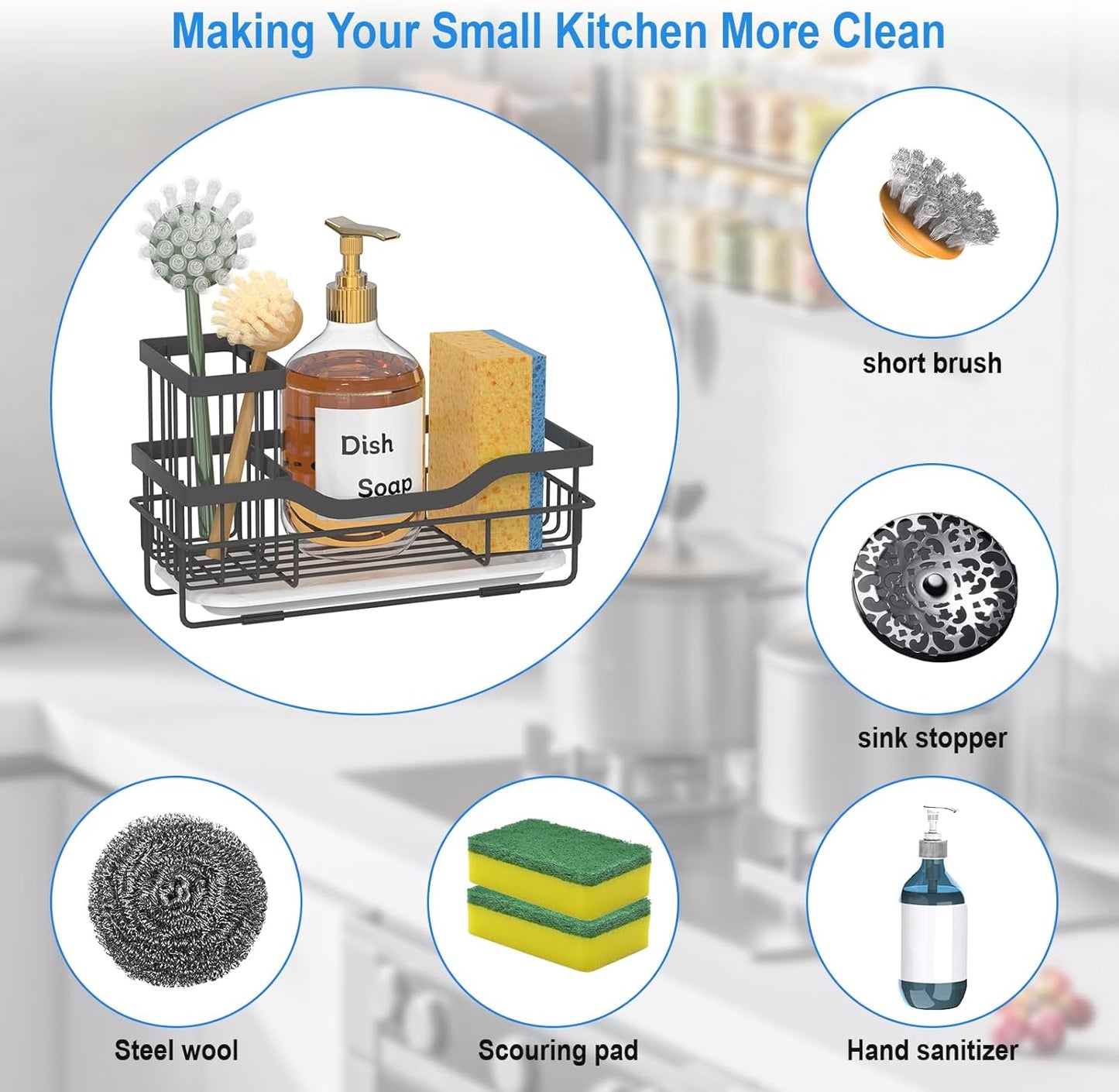Skiennix Sponge Holder - Multifunctional Rustproof Kitchen Caddy with Detachable Brush Holder & Drain Tray