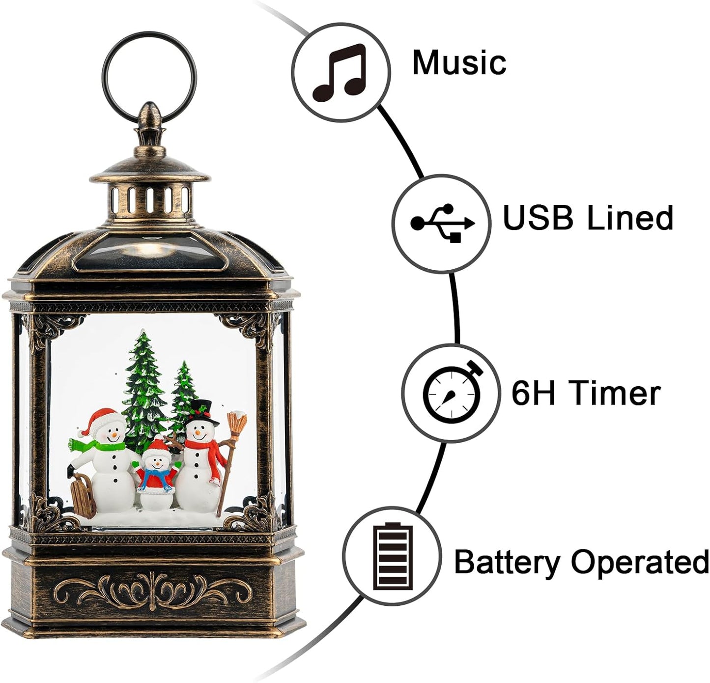 VISFLAIR Christmas Snow Globe | Lighted Snowman Family Lantern with Musical Glitter Swirl - Holiday Decor