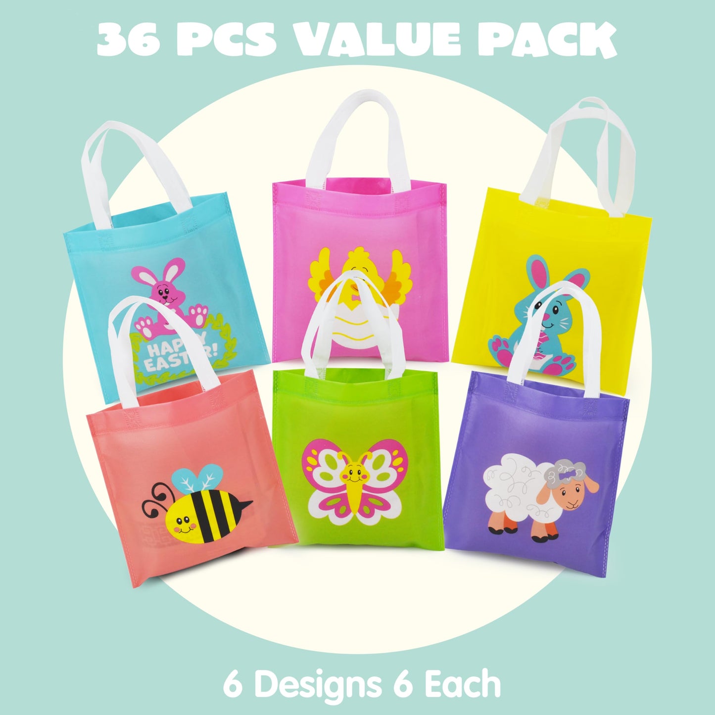 JOYIN 36 PCS Easter Gift Bags, Non Woven Easter Tote Bags with Handles Party Treat Bags for Gifts Wrapping, Egg Hunt Game, Party Supplies