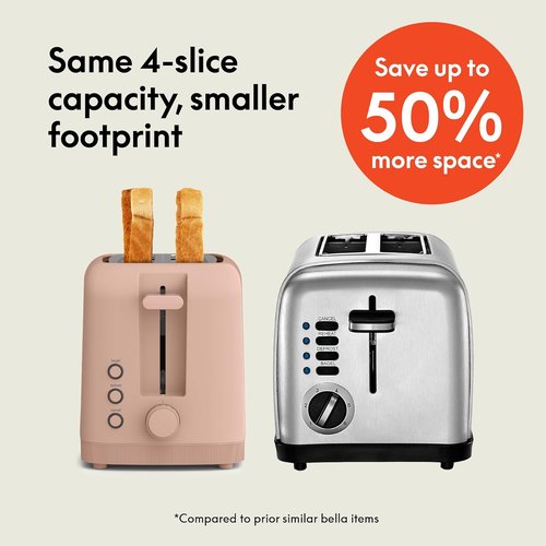 Bella 4-Slice Slim Toaster - 10” Long Slot with 6 Shade Settings, Reheat & Cancel Functions | Blossom Color