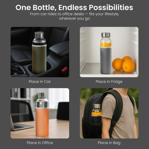 Epica glass bottles with lids – 18oz glass water bottles, reusable juice bottle with lids for storing juices, reusable water bottle durable & ecofriendly set of 6 with Sleeves