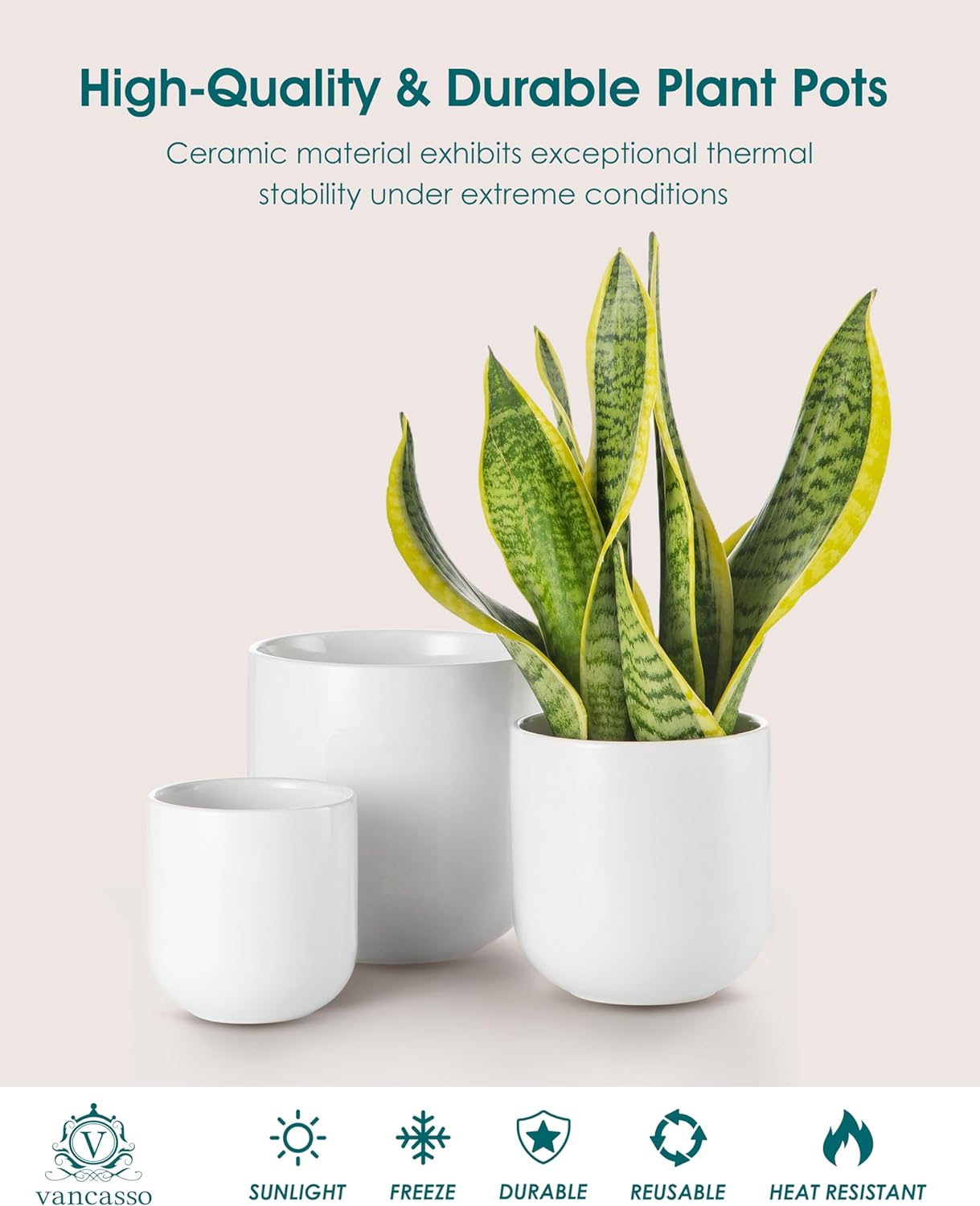 Vancasso Ceramic Plant Pots - Set of 3 (4", 5", 6") | Modern Indoor Planters with Drainage Holes - White
