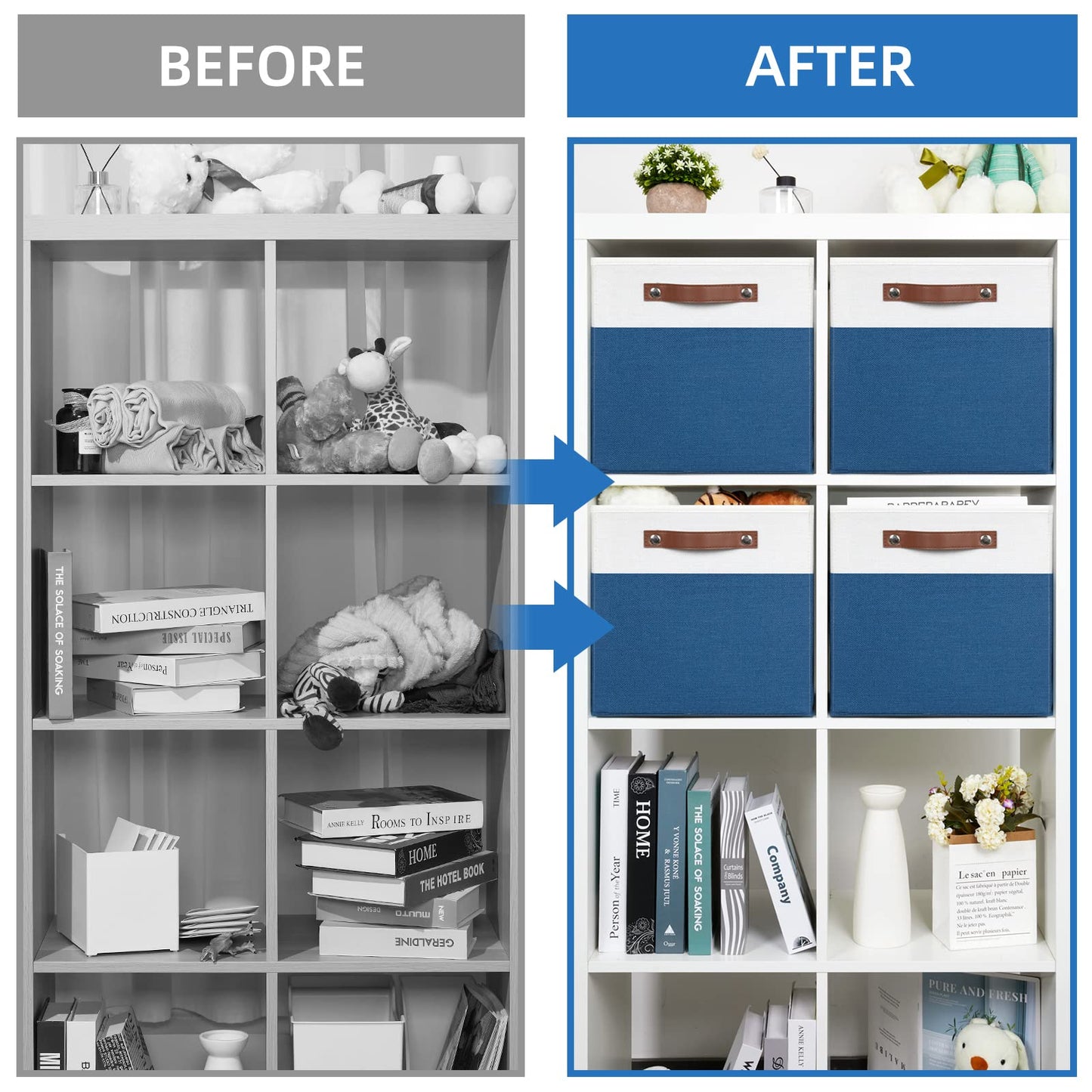 Temary Collapsible Storage Boxes - 12x12 Blue Cube Storage Bins with Handles for Organizing Home, White&Blue
