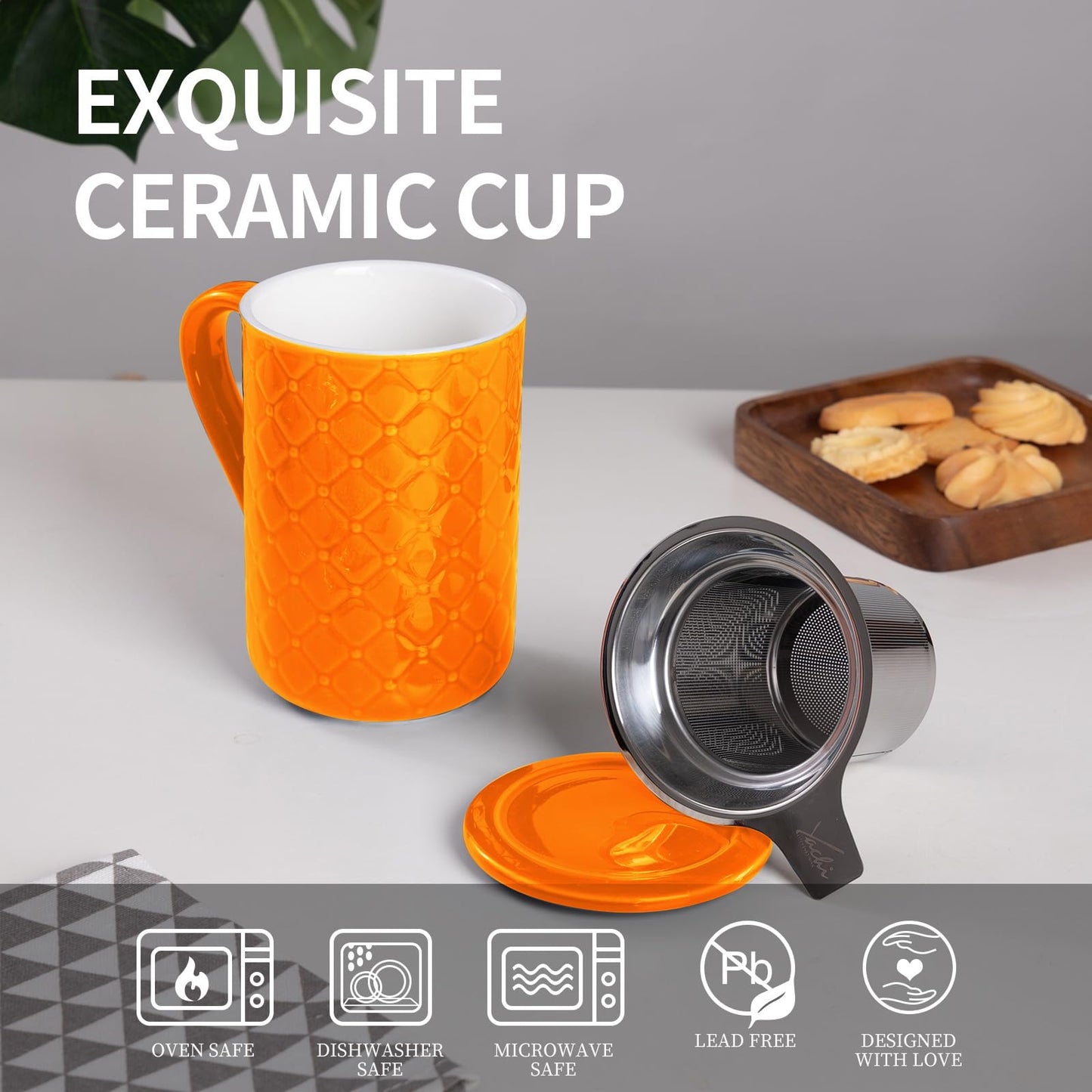 Yachi 19oz Ceramic Tea Mug with Infuser and Lid Loose Leaf Tea Steeper Microwave & Dishwasher Safe for Tea, Coffee, Milk, Home & Office (Orange Embossed Porcelain Tea Cup)